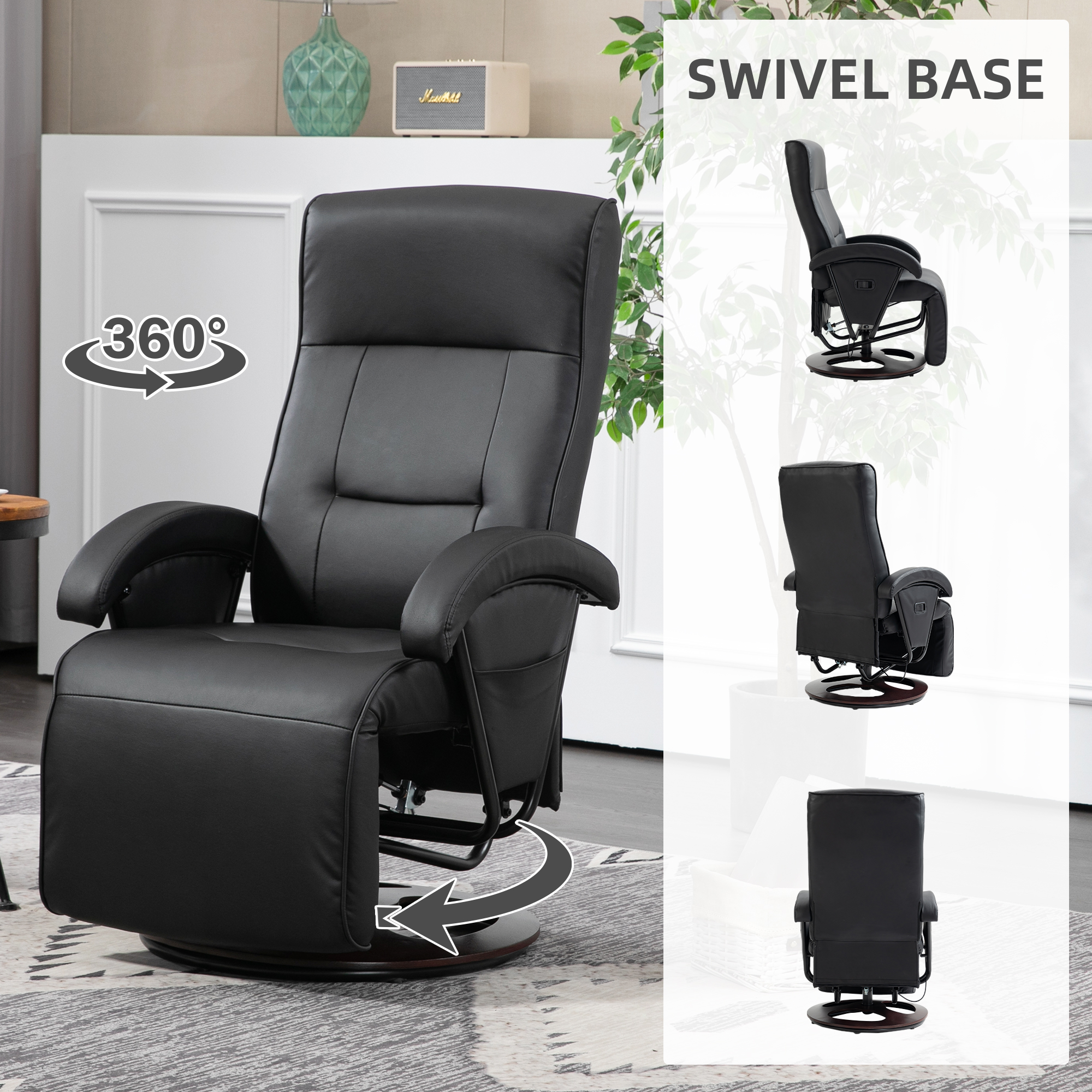 HOMCOM Swivel Recliner Chair, Lounge Chair with 135° Adjustable Backrest, Swivel Wood Base, Padded Seat & Armrests for Living RoomBlack 4