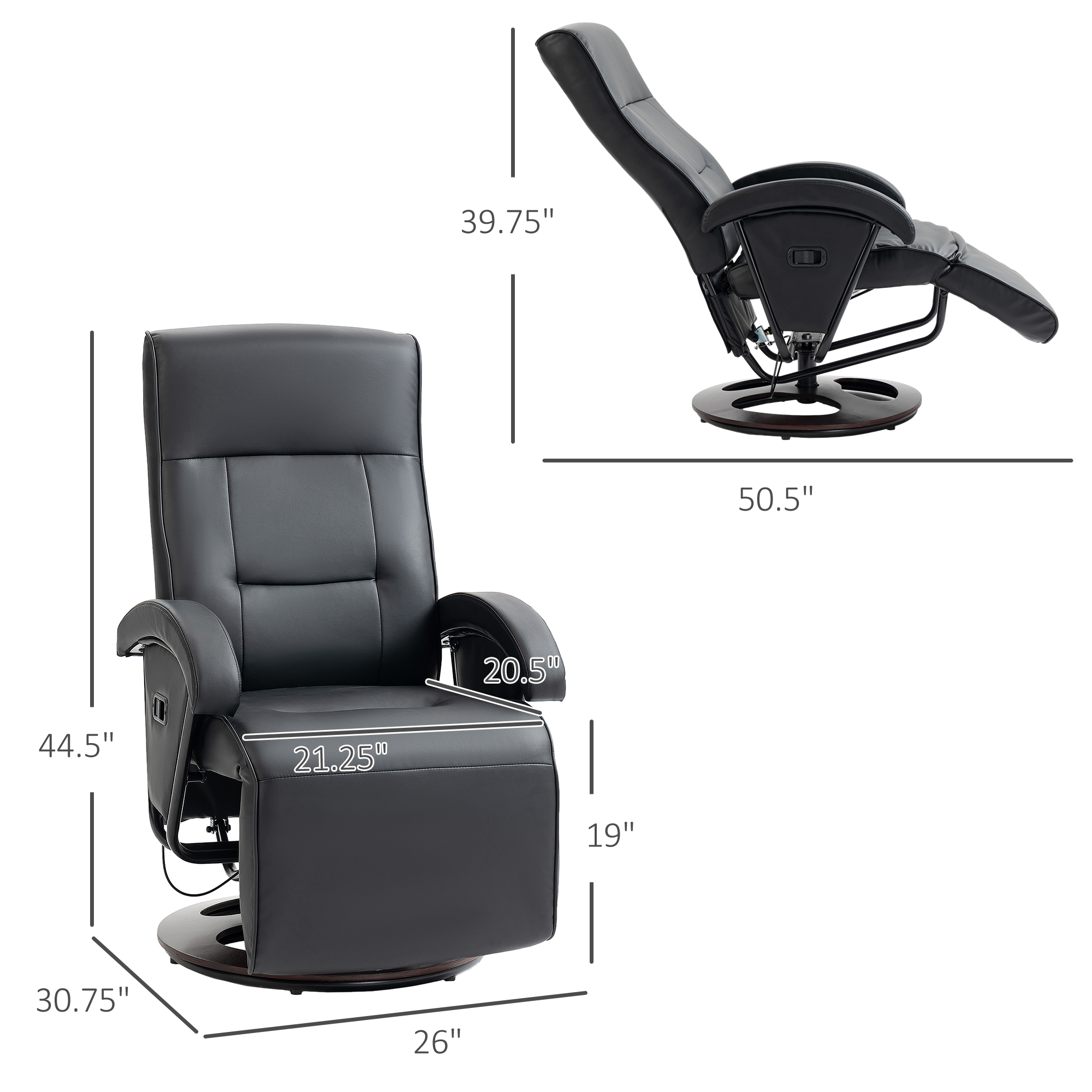 HOMCOM Swivel Recliner Chair, Lounge Chair with 135° Adjustable Backrest, Swivel Wood Base, Padded Seat & Armrests for Living RoomBlack 1