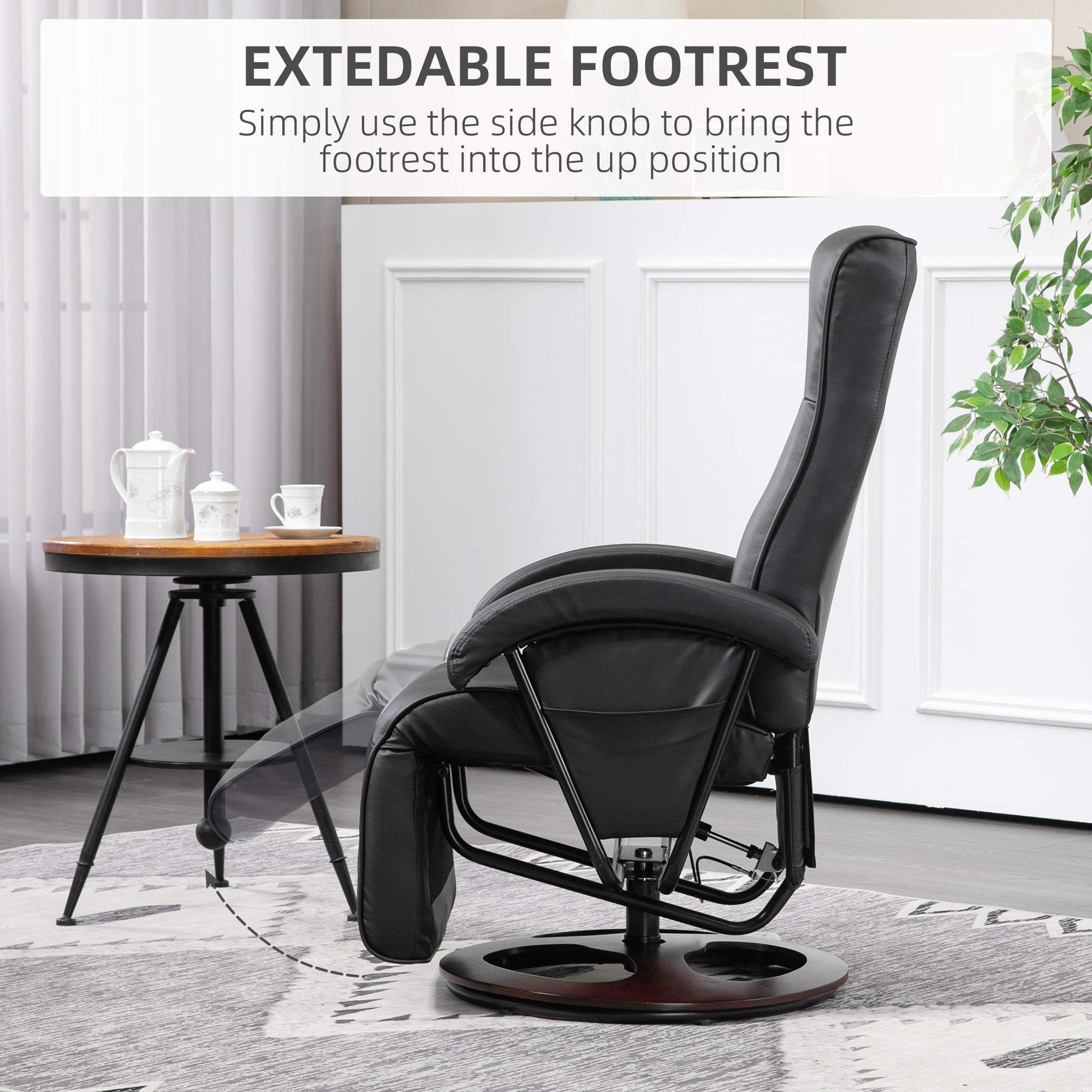 HOMCOM Swivel Recliner Chair, Lounge Chair with 135° Adjustable Backrest, Swivel Wood Base, Padded Seat & Armrests for Living RoomBlack 3
