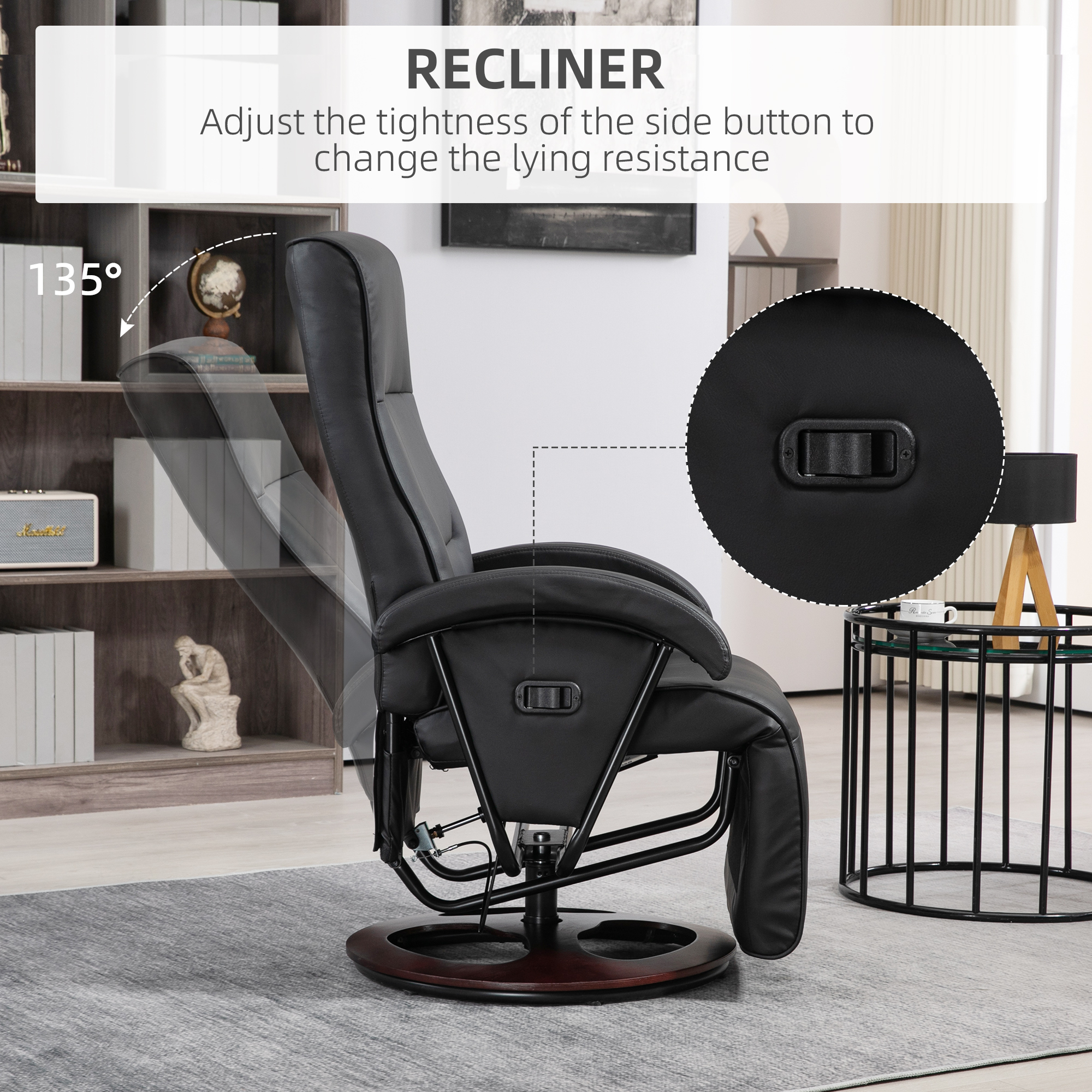 HOMCOM Swivel Recliner Chair, Lounge Chair with 135° Adjustable Backrest, Swivel Wood Base, Padded Seat & Armrests for Living RoomBlack 2