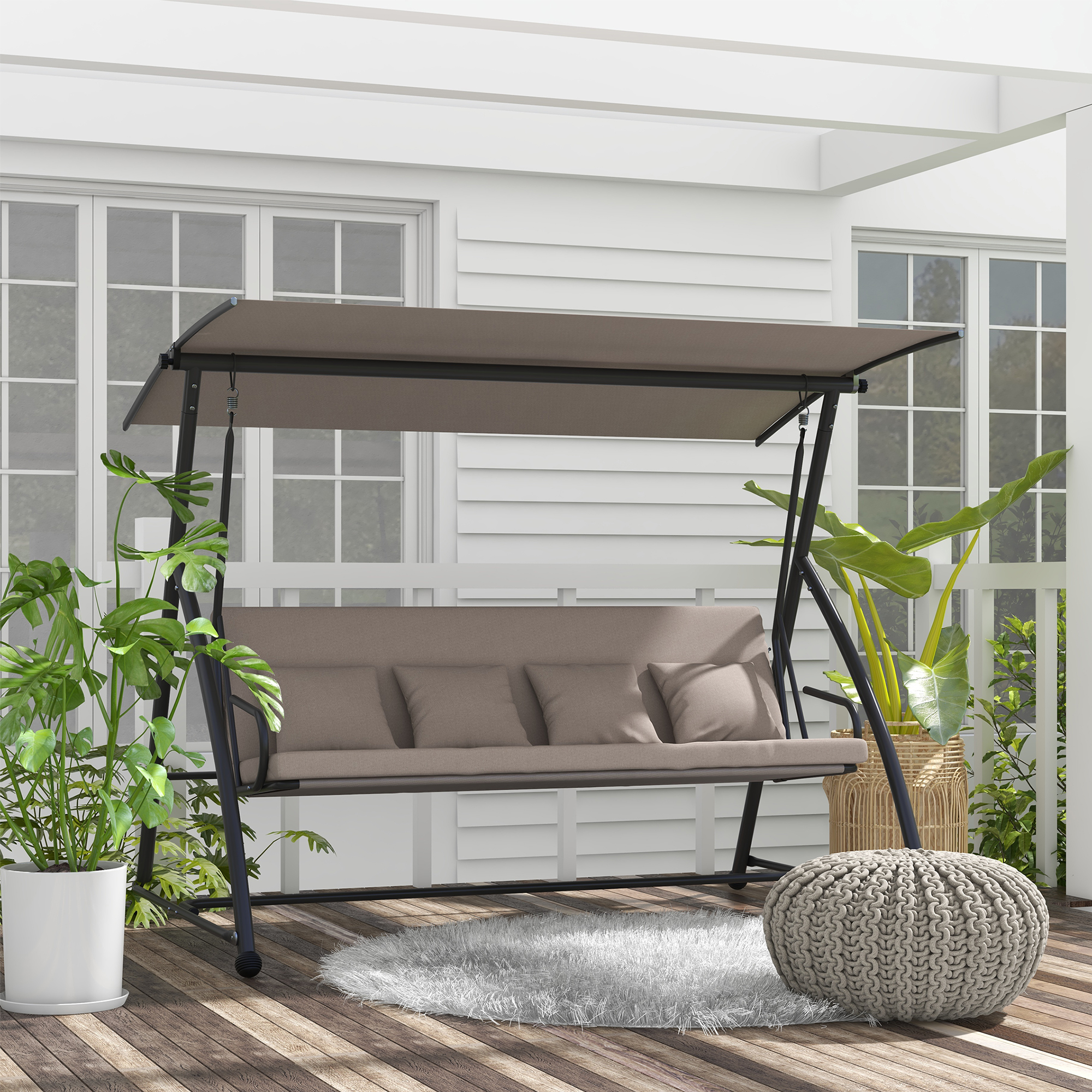 Outsunny 3 Seater Porch Swing Convertible Swing Chair Bed Cushioned Light Brown Aosom Canada