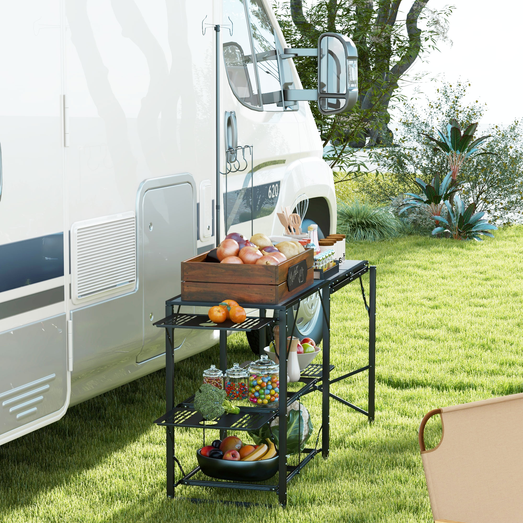Outsunny Folding Camp Kitchen, Camping Table Cooking Station with ...