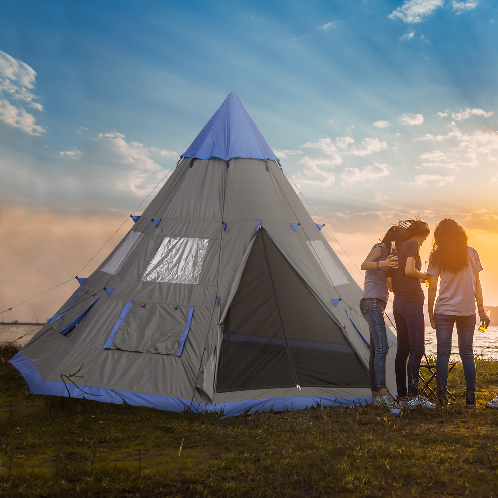 Outsunny tunneltent voor 3-4 personen, 190T kampeertent, glasvezel, donkergroen