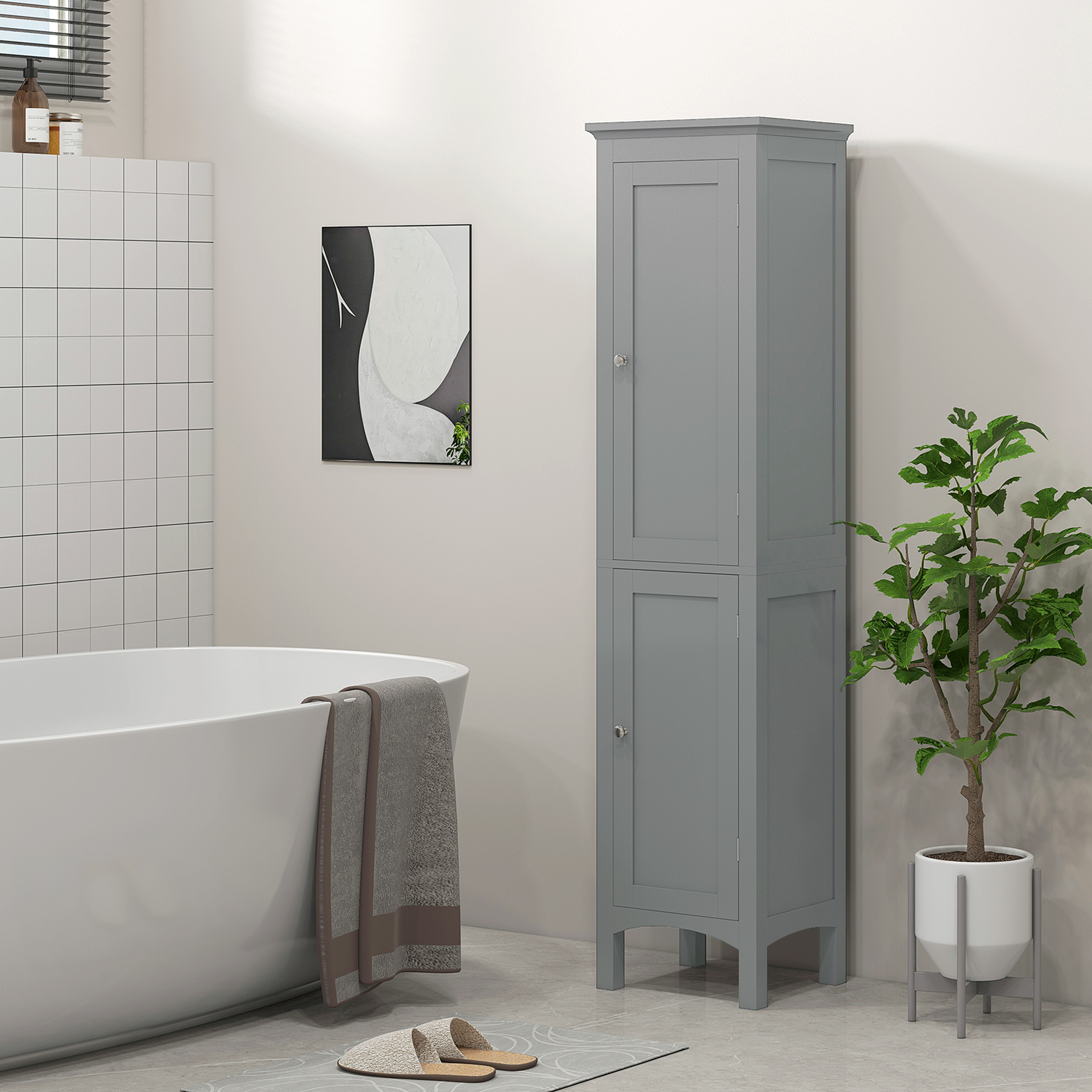 kleankin Tall Bathroom Organizer: Freestanding Cabinet with Adjustable Shelves, Cupboards, 15"x13"x63", Grey Finish Aosom Canada