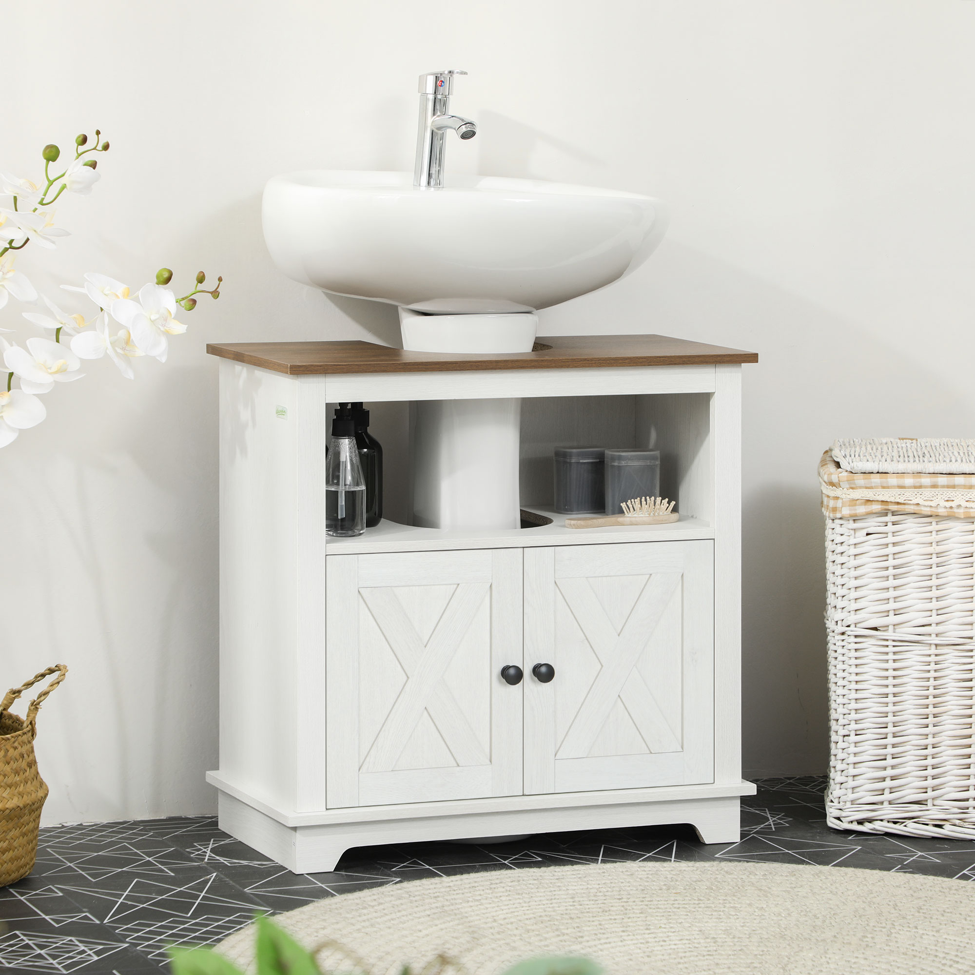 kleankin Farmhouse Pedestal Sink Bathroom Cabinet Storage Double Doors Shelves White Aosom Canada
