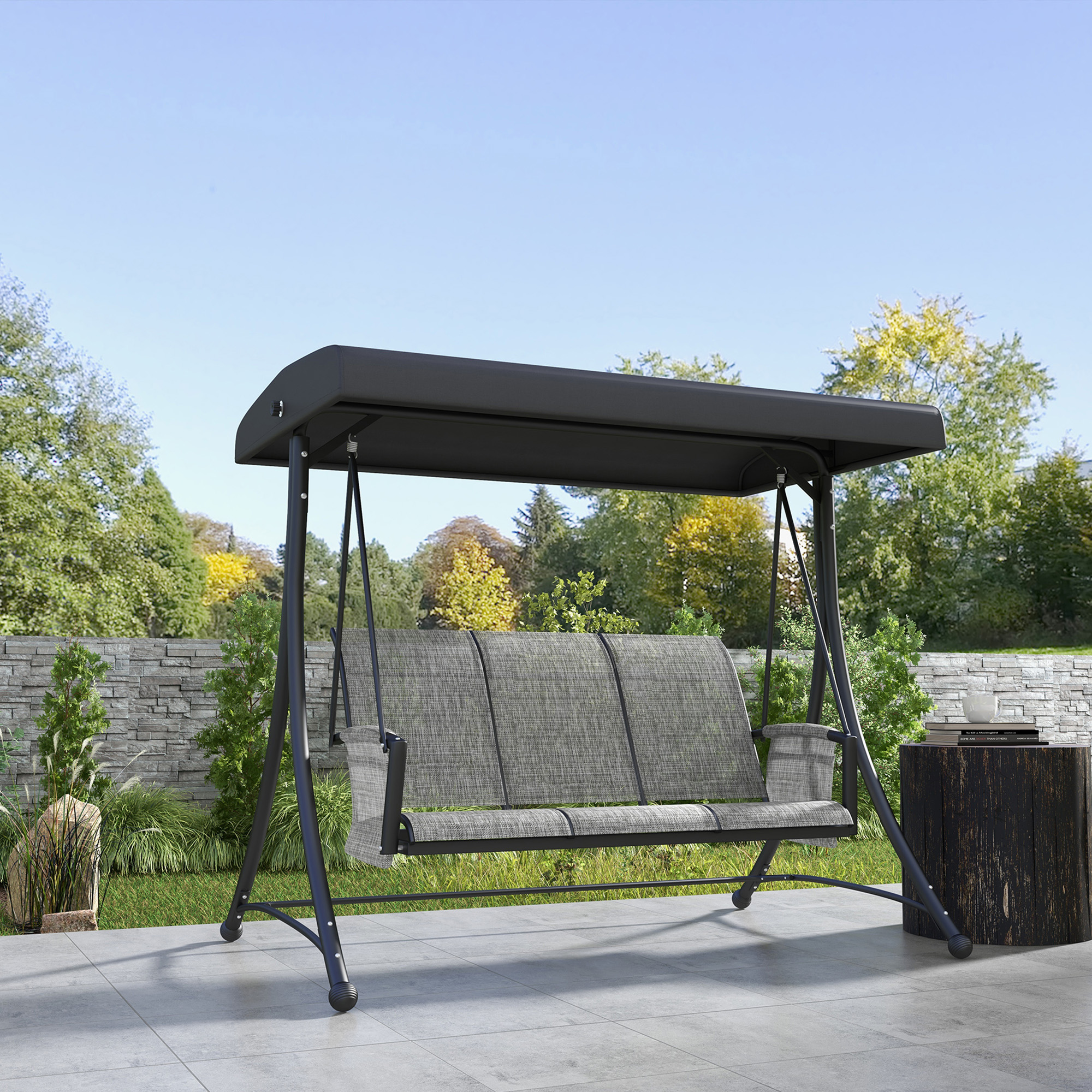 Outsunny 3 Person Outdoor Swing Chair - Adjustable Canopy for Optimal Shade, Comfortable Seating, Sleek Black Aosom Canada