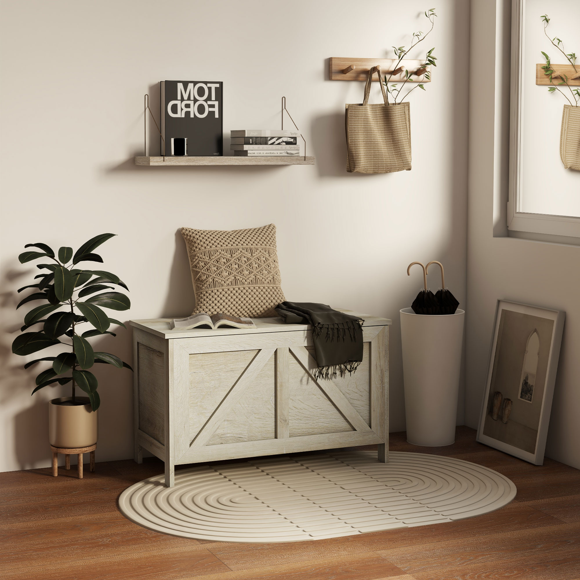 HOMCOM Storage Trunk Box Organizer with Farmhouse Panel Safety Hinge to ...