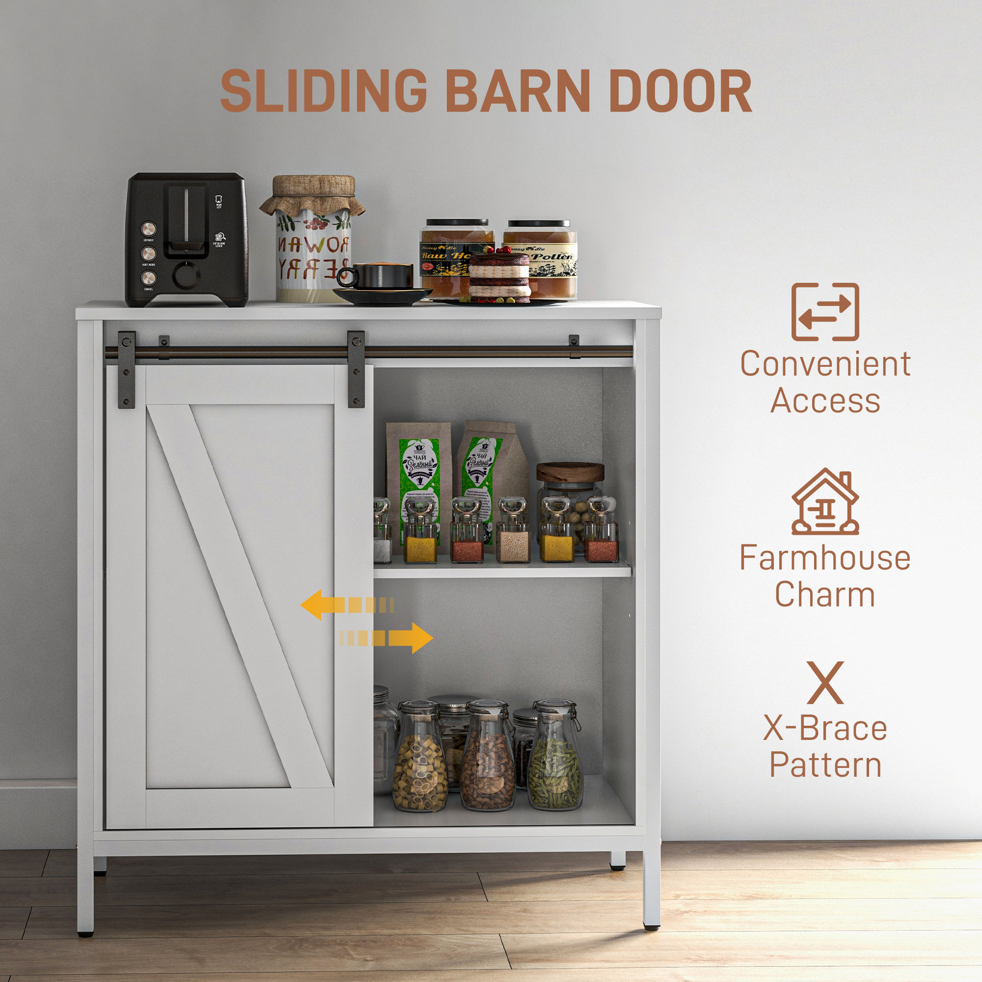 HOMCOM White Buffet Cabinet Farmhouse Sideboard Bar Kitchen Storage Adjustable Shelf Sliding Barn Door | Aosom.com 2