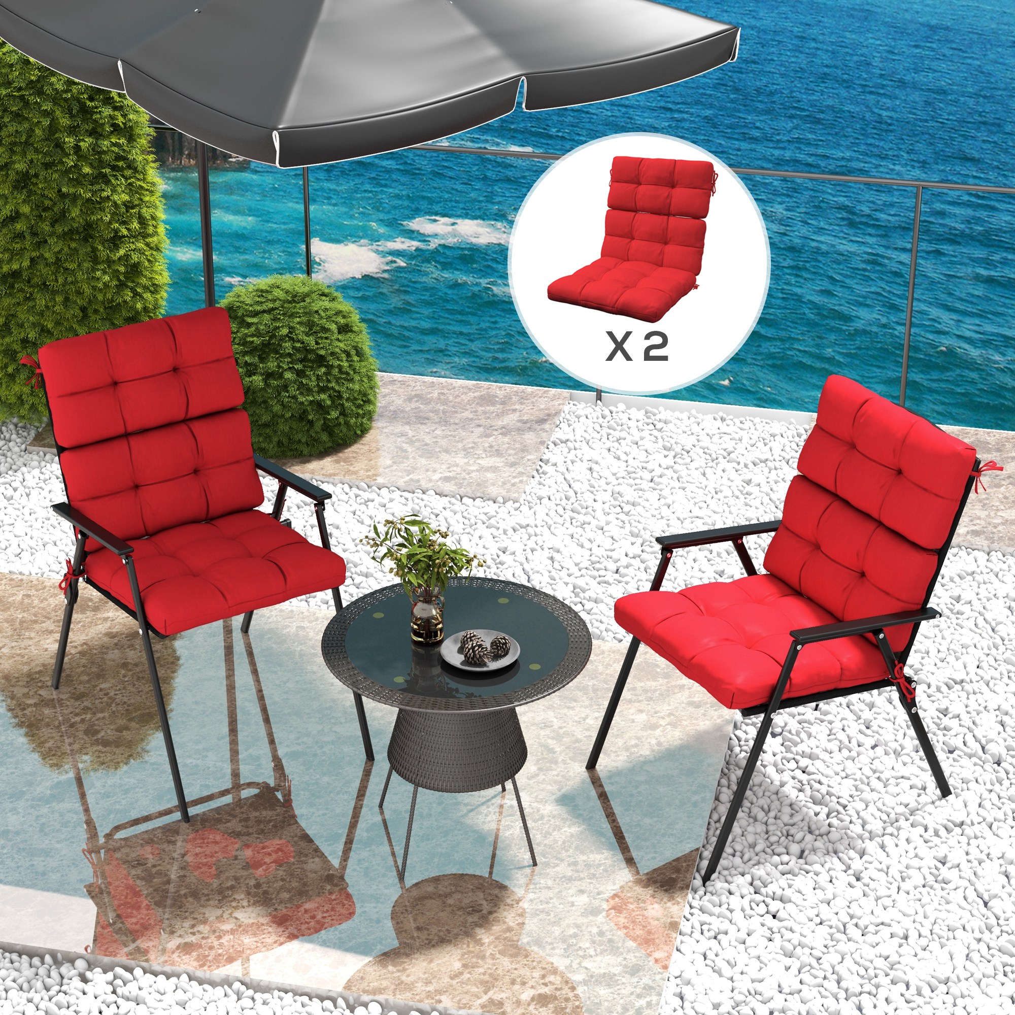 patio umbrella and chair cushions