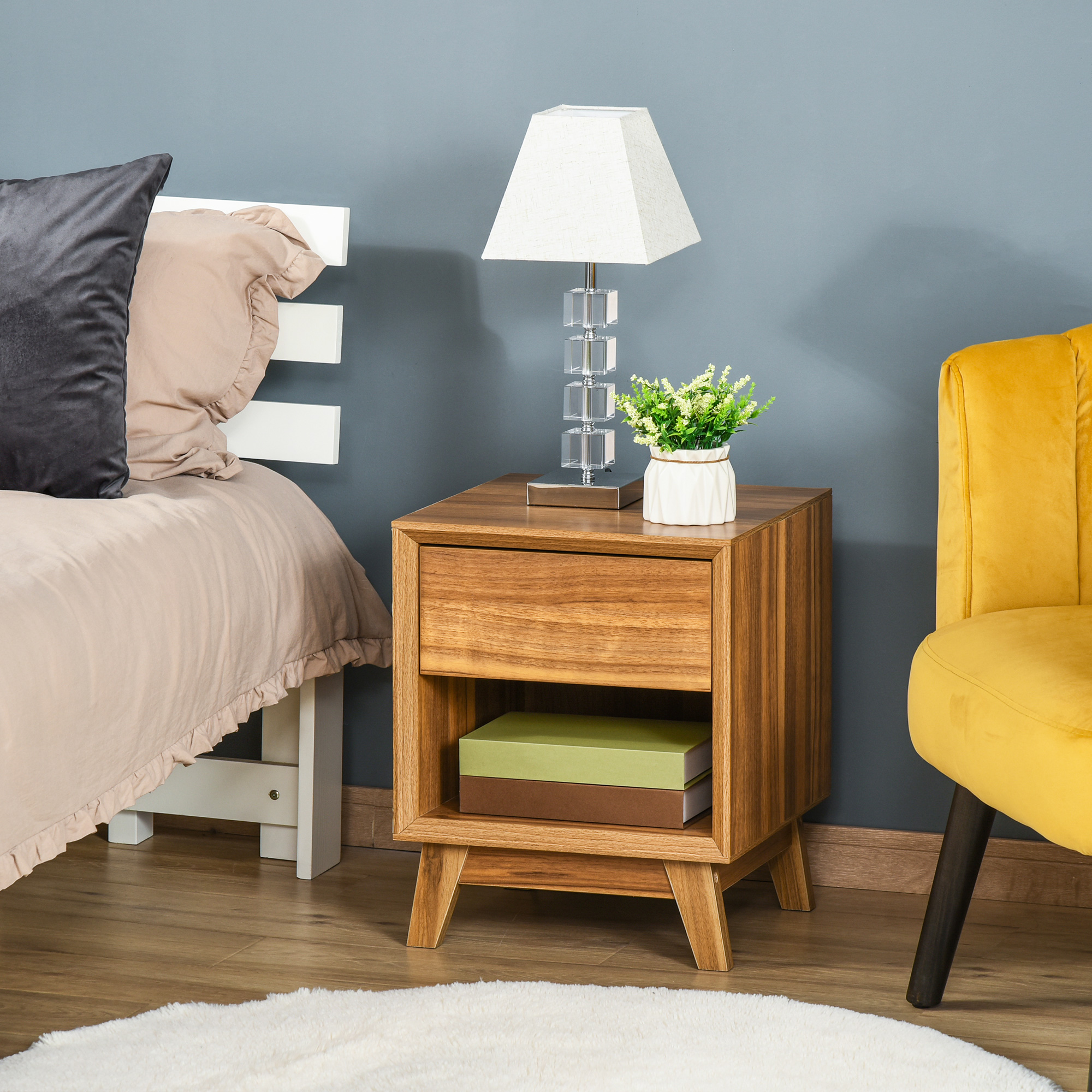 HOMCOM Modern Bedside Table Nightstand, Living Room End Table, Side Table with Drawer and Shelf, Walnut Brown Aosom Canada