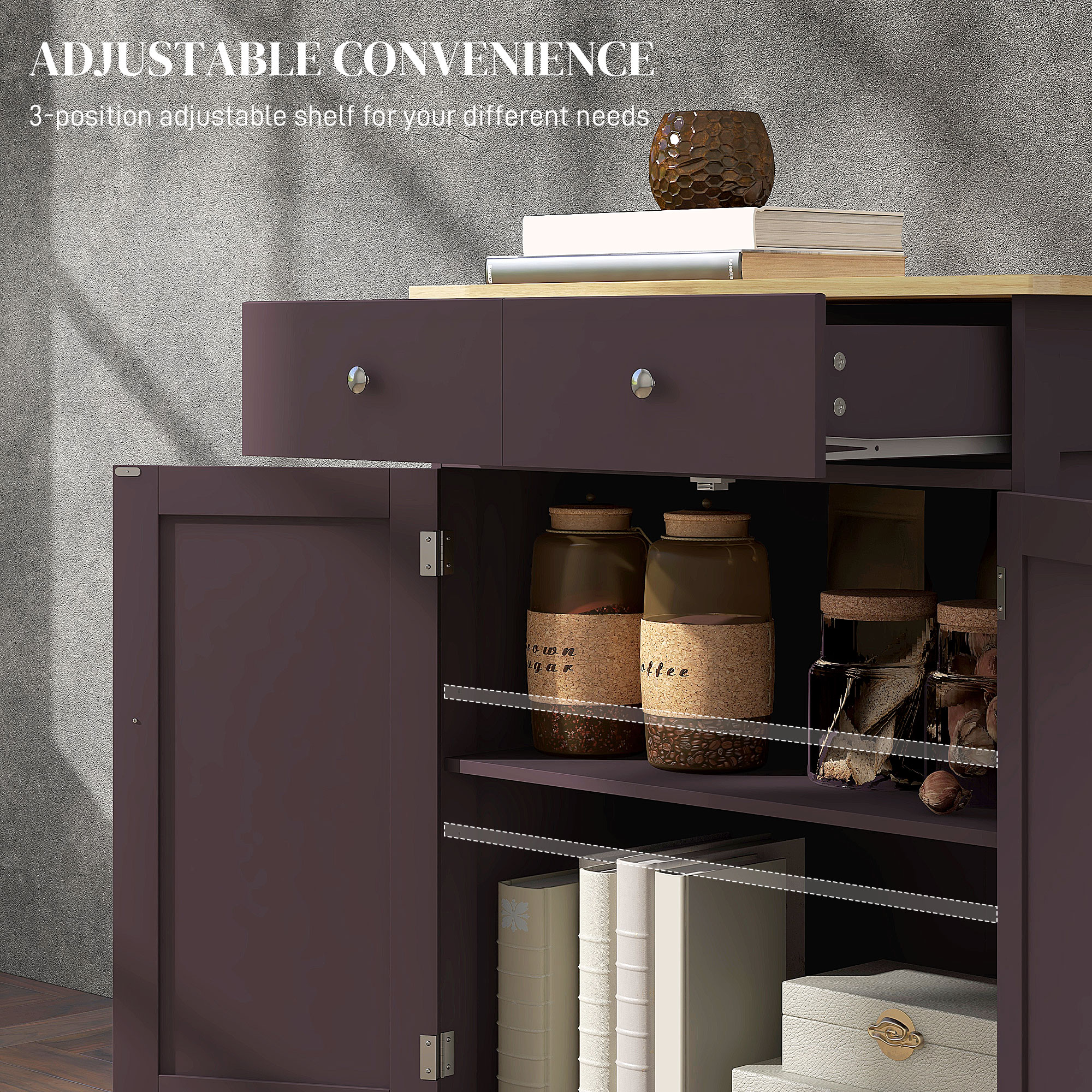 HOMCOM Sideboard Floor Cupboard with Solid Wood Top, Adjustable Shelf and 2 Drawers Versatile Kitchen Storage Cabinet | Aosom.com 4