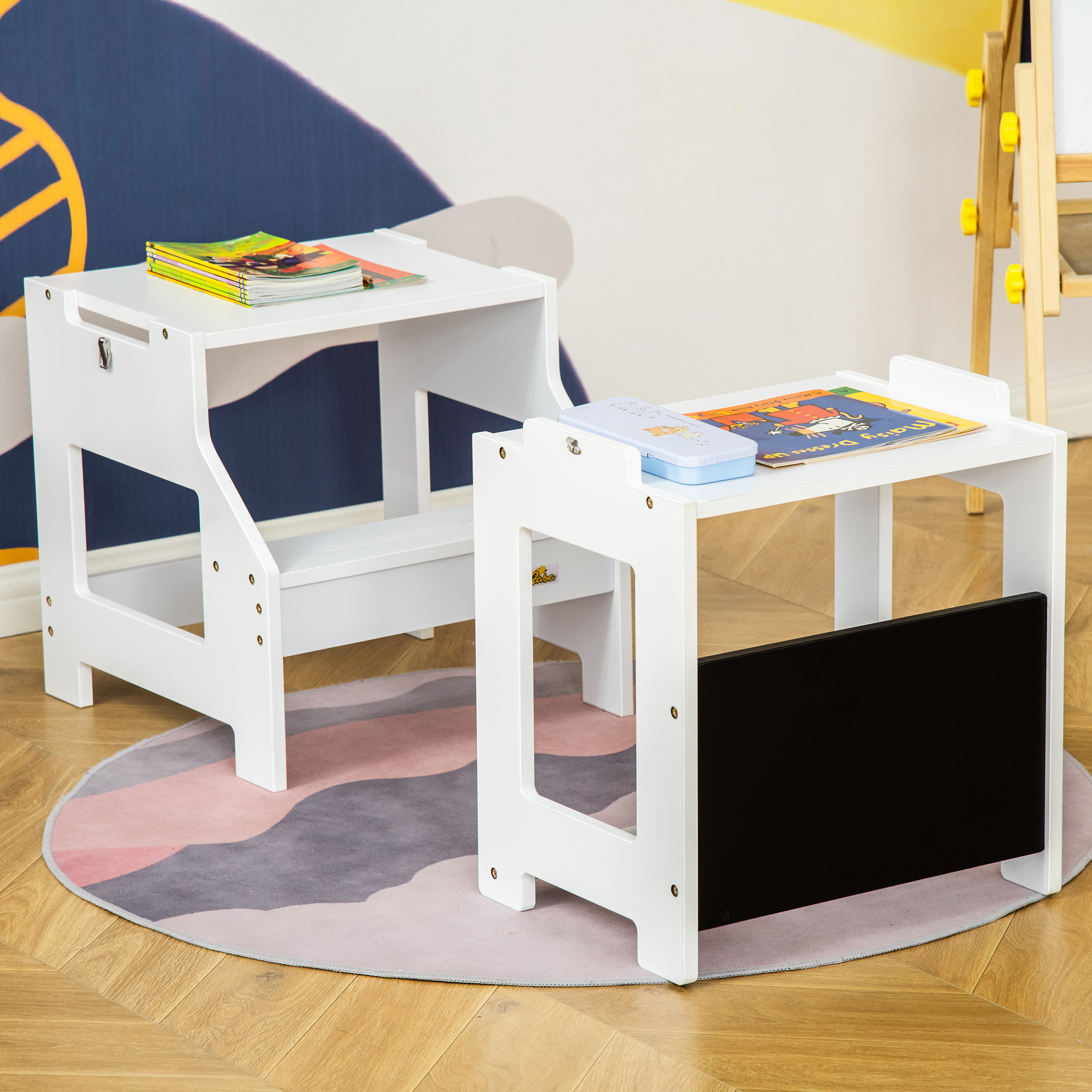 Qaba 2-in-1 Kids Kitchen Step Stool, Folding Toddler Table and
