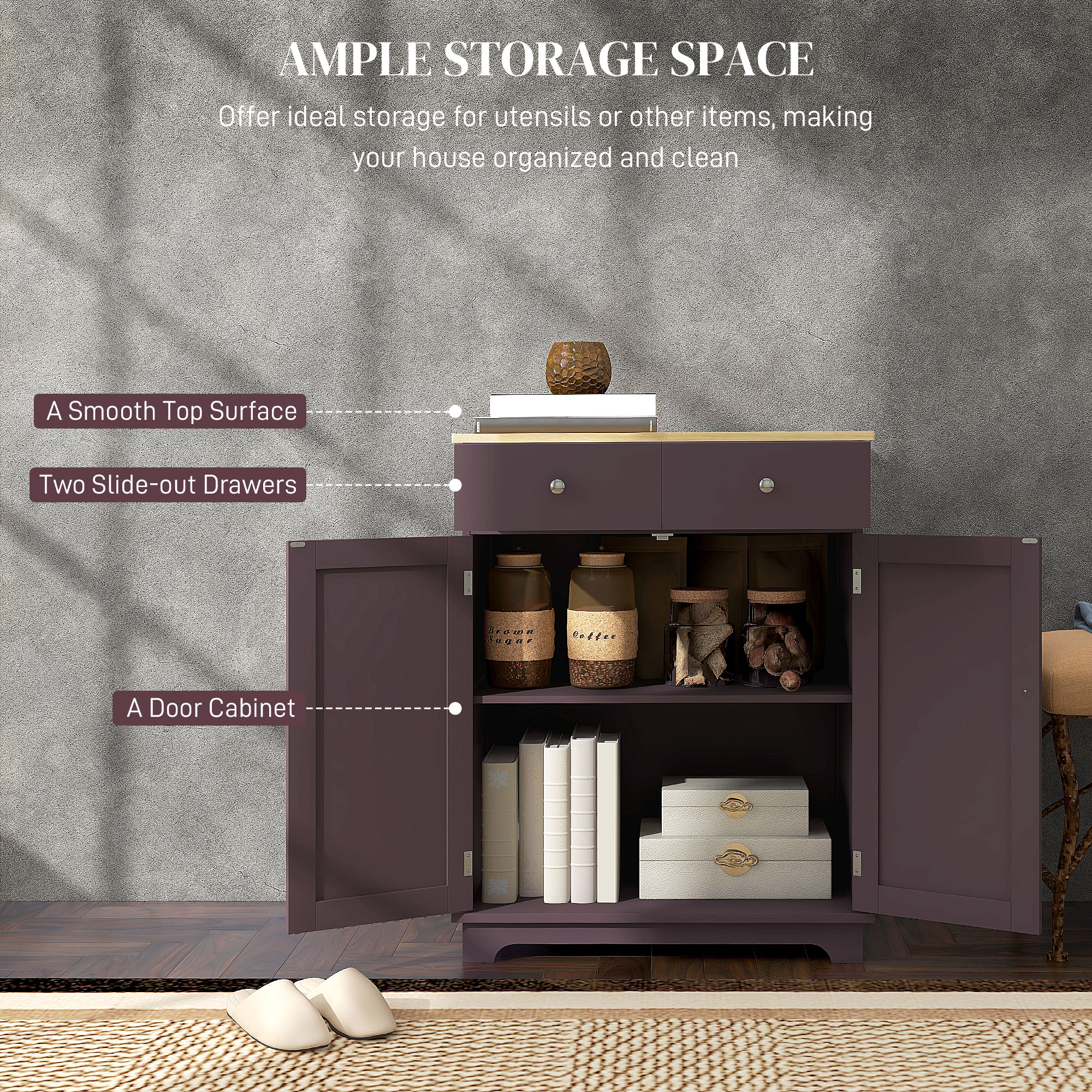 HOMCOM Sideboard Floor Cupboard with Solid Wood Top, Adjustable Shelf and 2 Drawers Versatile Kitchen Storage Cabinet | Aosom.com 2