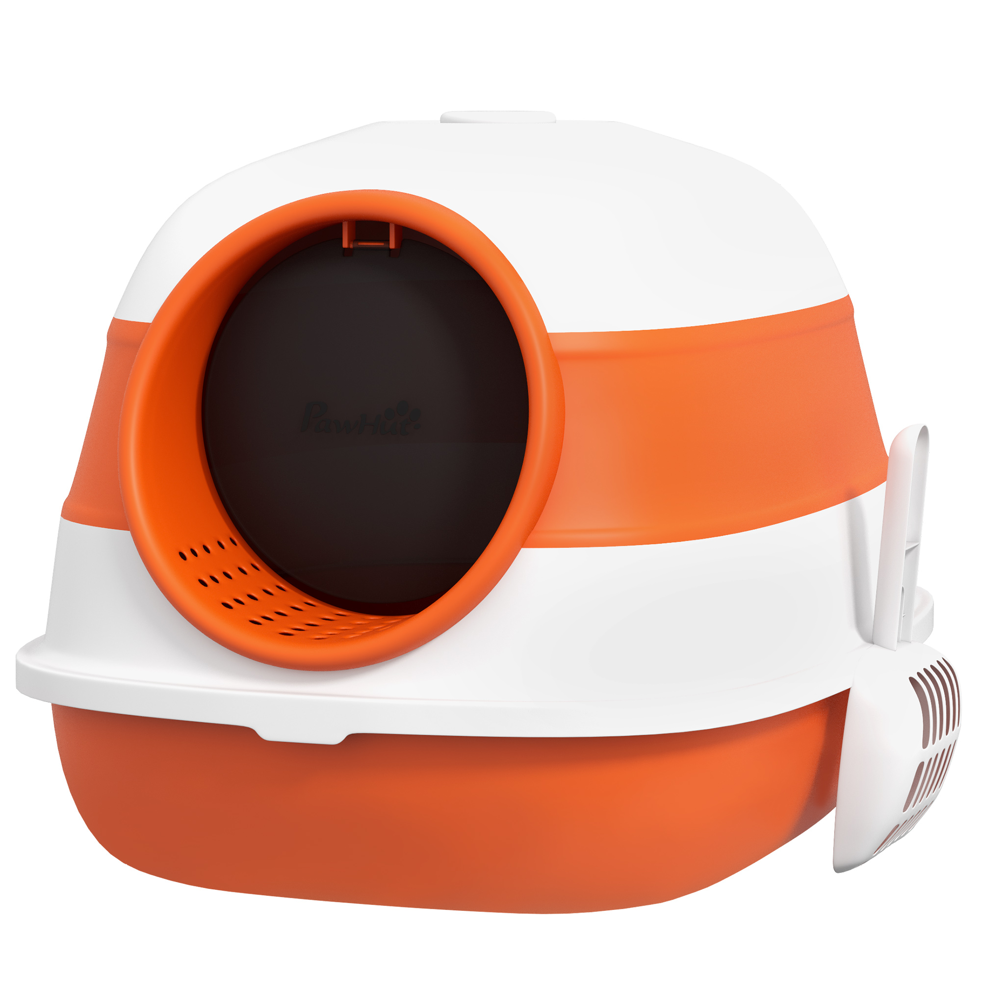 PawHut Dome Covered Cat Litter Box with Lid, White and Orange