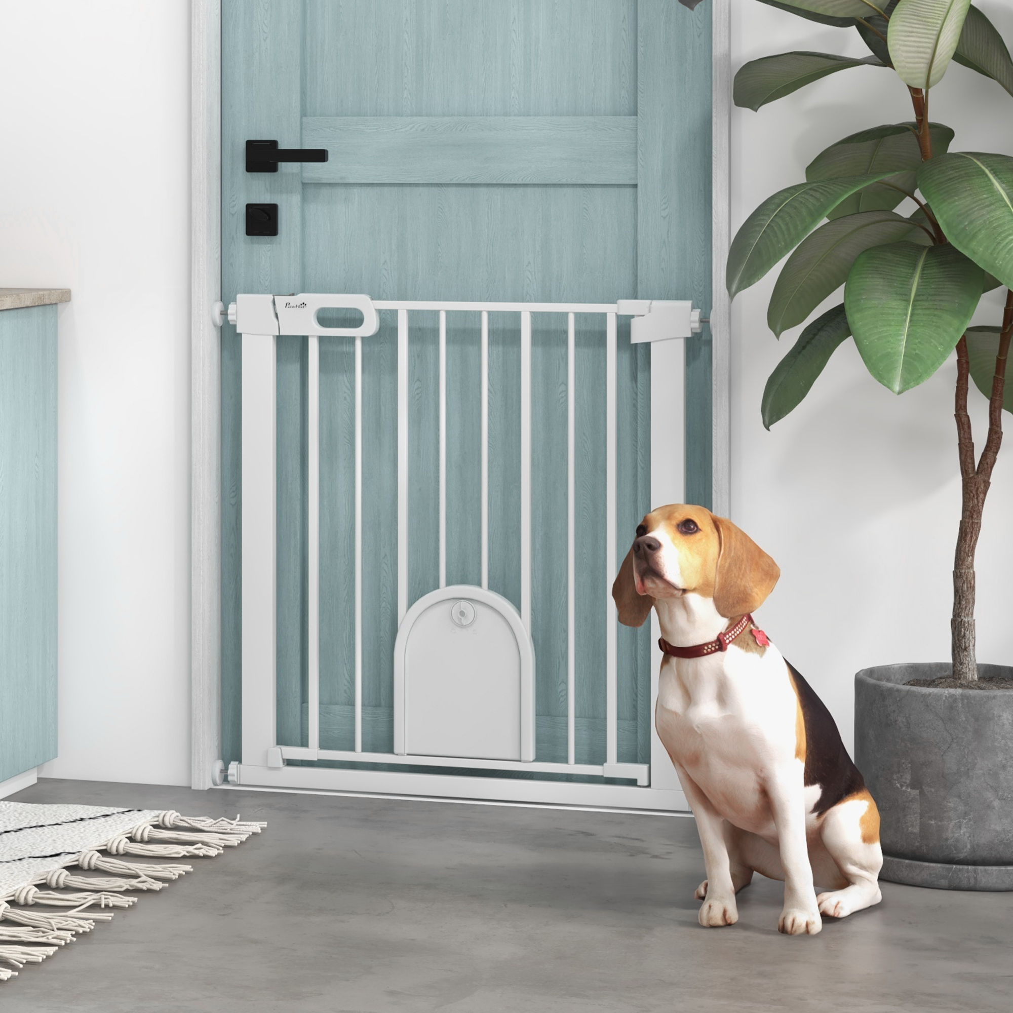 PawHut Extra Wide Pet Barrier: 30"-32" Elegant White Finish Gate with Small Door Access Aosom Canada