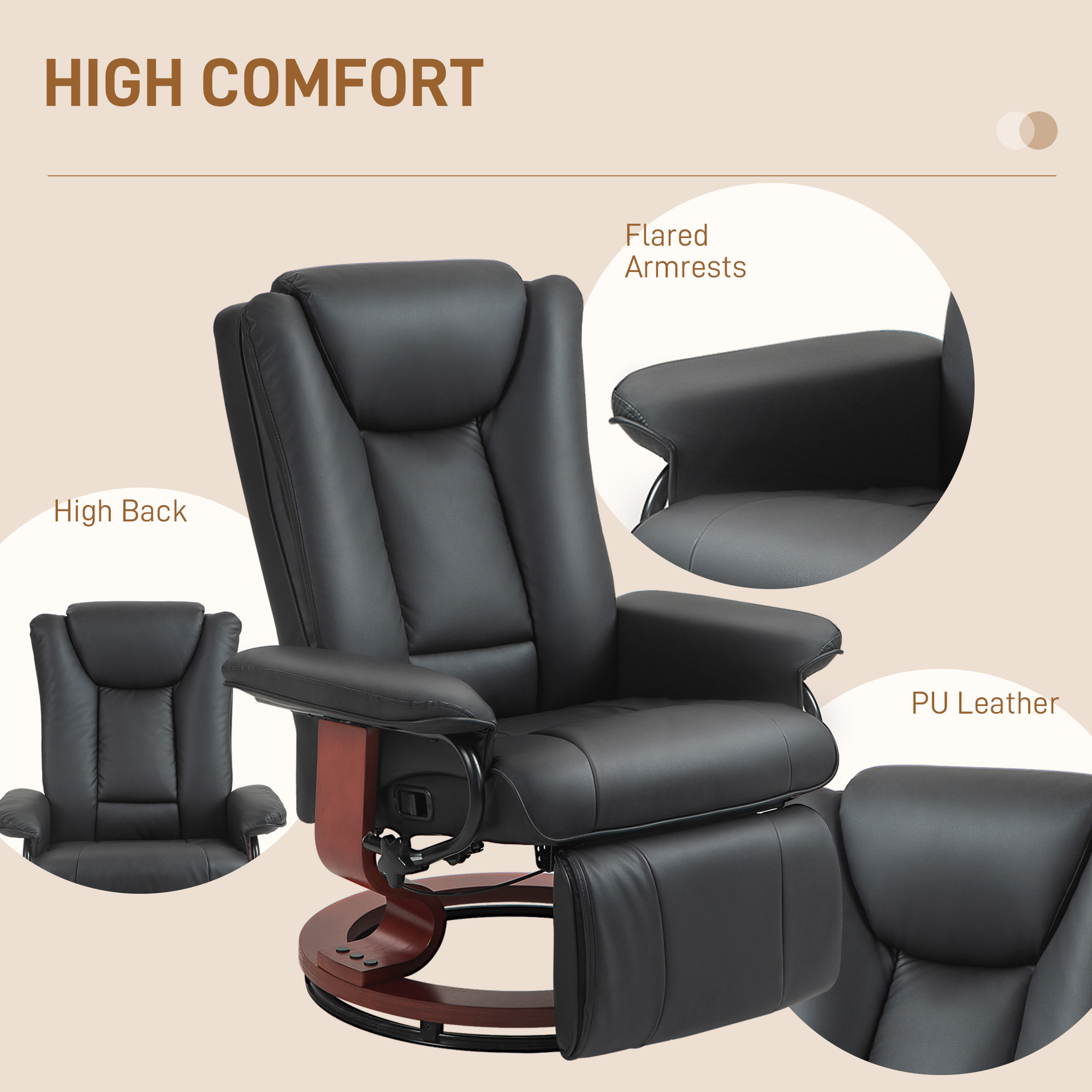 HOMCOM Modern Recliner Chair, PU Leather Swivel Recliner chair with Footrest for Living Room, Black | Aosom.com 5