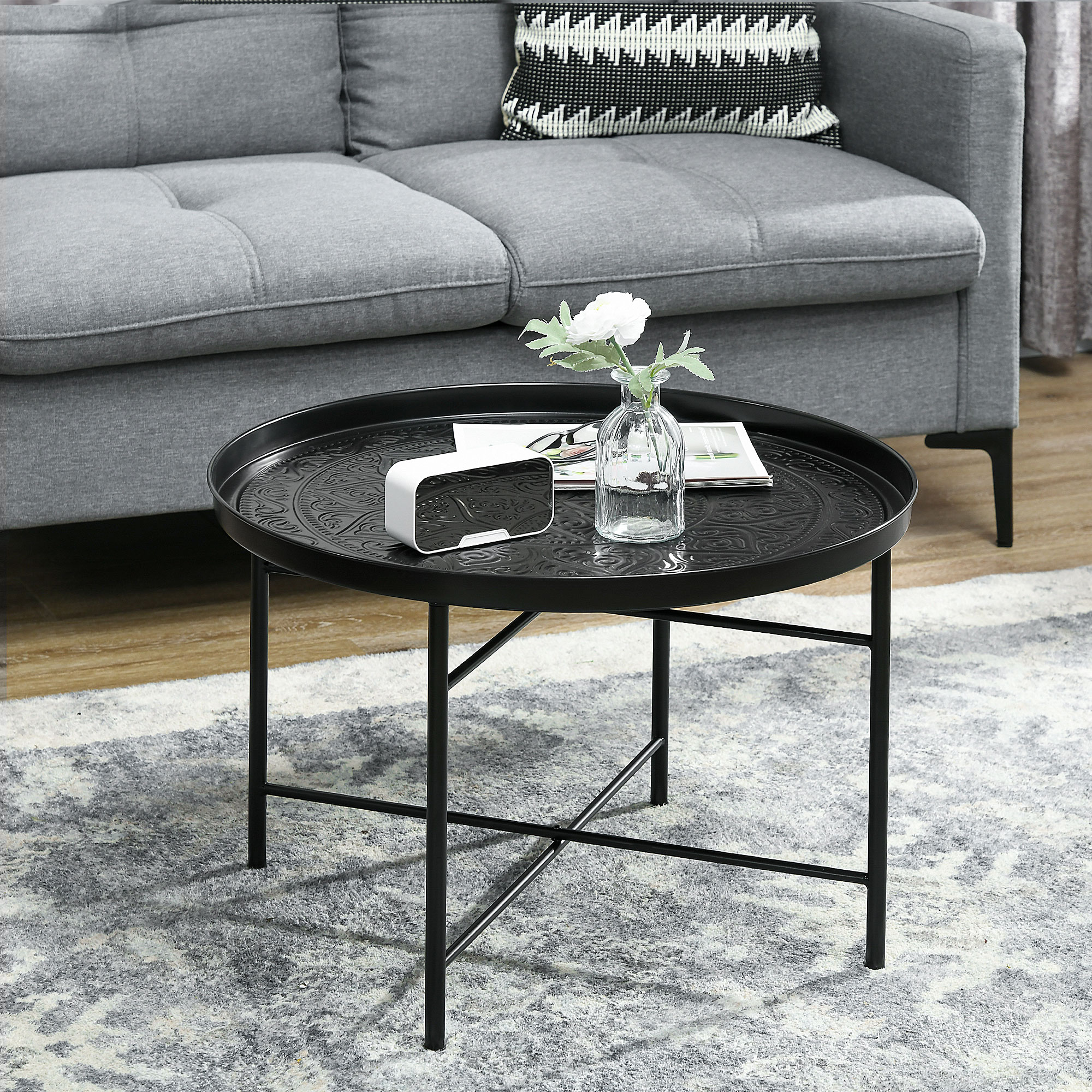 HOMCOM Cafe Table for Living Room, 24" Round Center Table with Hammered Tray Top and Metal Frame for Bedroom, Black 0