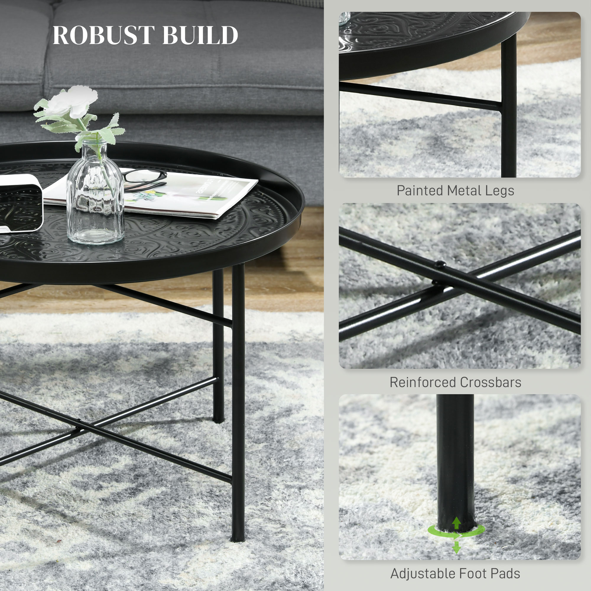 HOMCOM Cafe Table for Living Room, 24" Round Center Table with Hammered Tray Top and Metal Frame for Bedroom, Black 3