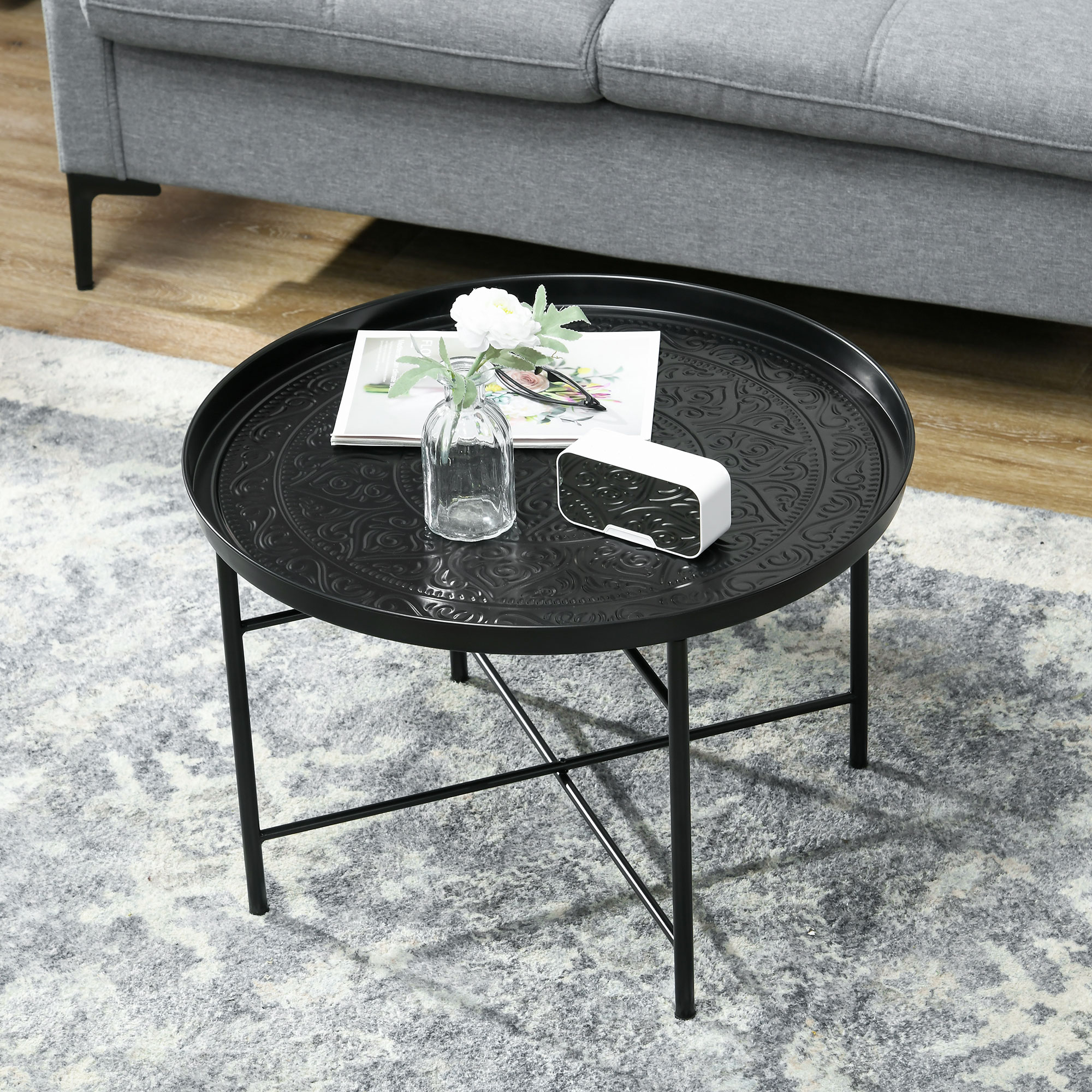 HOMCOM Cafe Table for Living Room, 24" Round Center Table with Hammered Tray Top and Metal Frame for Bedroom, Black 4