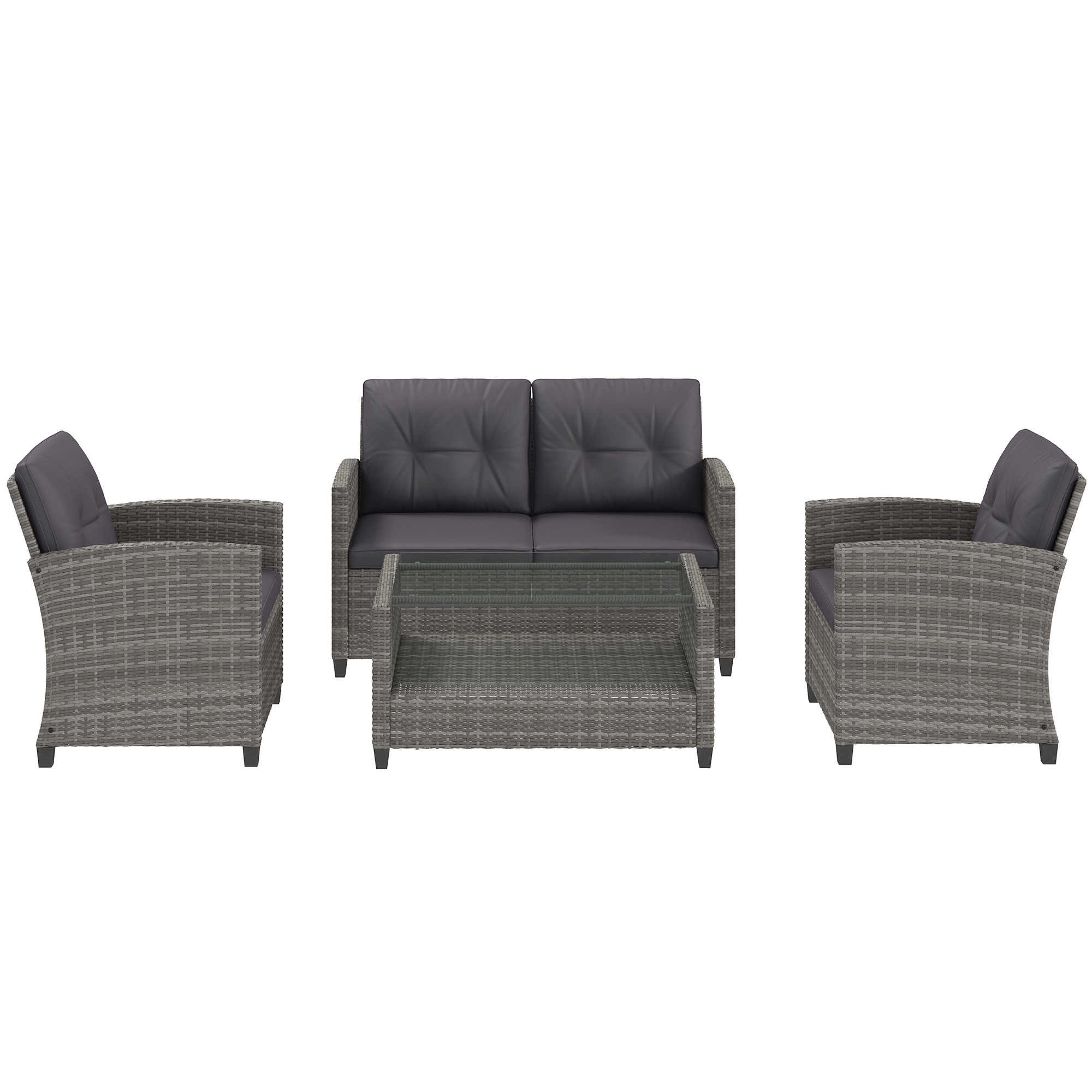 Outsunny 4 Piece PE Rattan Wicker Patio Furniture Set with Two-tier Coffee Table and Cushions, Dark Gray