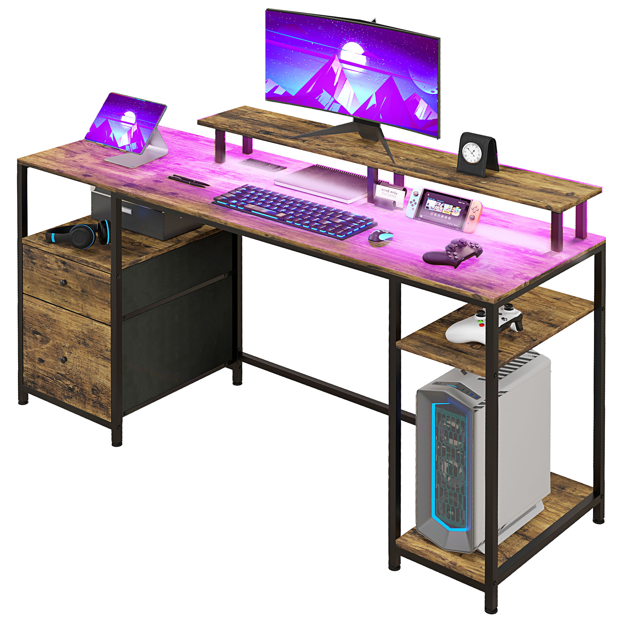 HOMCOM 61 Gaming Computer Table with LED Lights, PC Desk w/ Power Outlets, Storage Shelves &amp; Wireless Remote, Home Office Desk, Rustic Brown | Aosom.