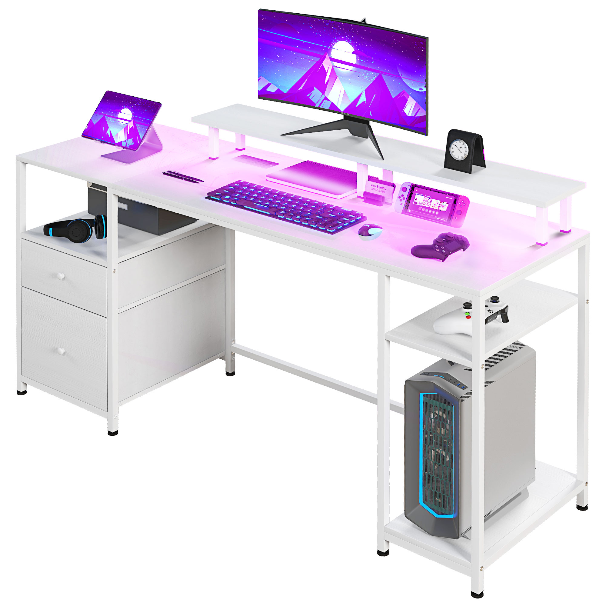 HOMCOM 61 Computer Table with LED Lights, PC Gaming Desk with Power Outlets, USB Ports, Storage, Wireless Remote, Distressed White| Aosom.com