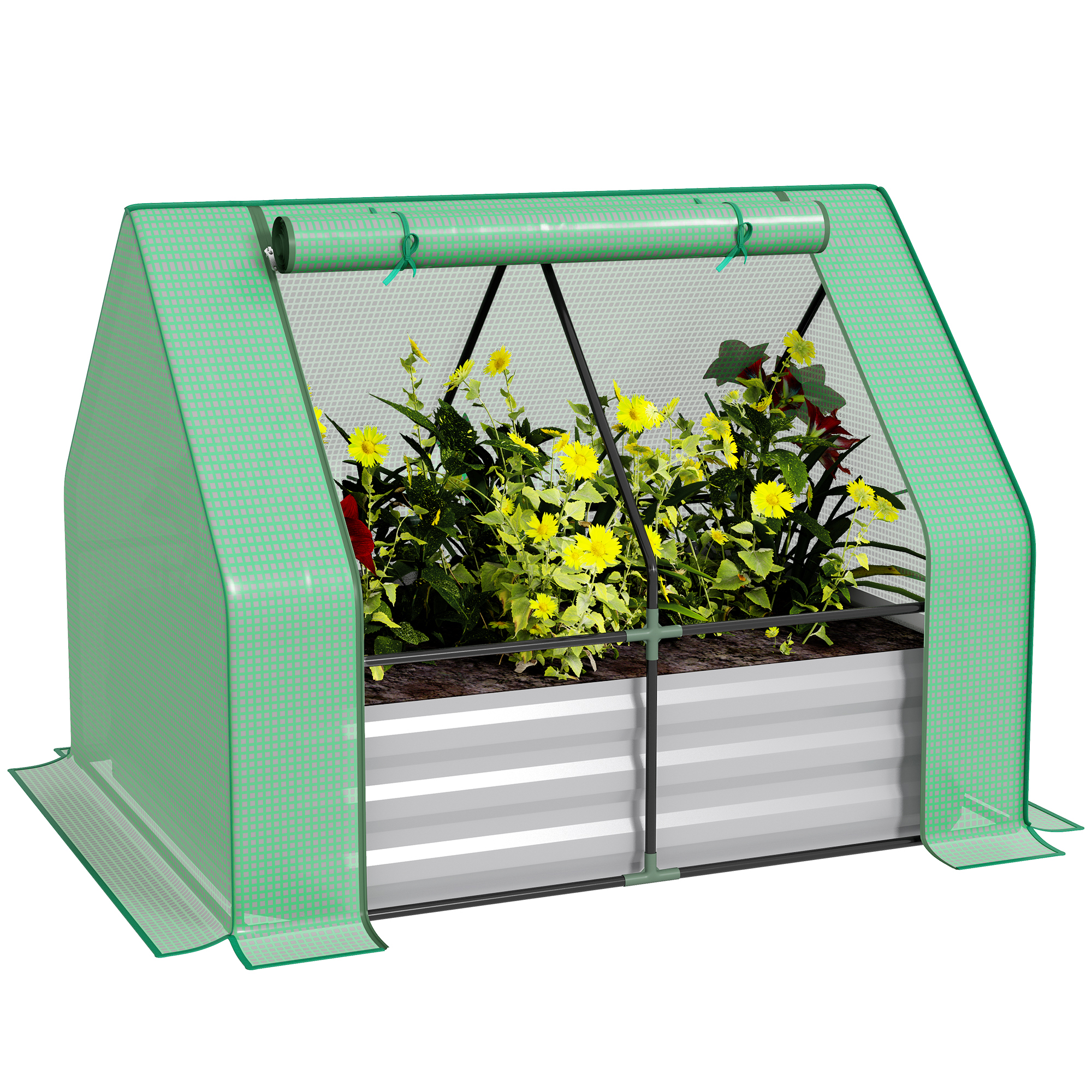 Outsunny 4&#039;x3&#039; Galvanized Raised Garden Bed with PE Greenhouse Cover, Metal Planter Box with Roll-Up Door for Flowers, Vegetables, Green| Aosom.com