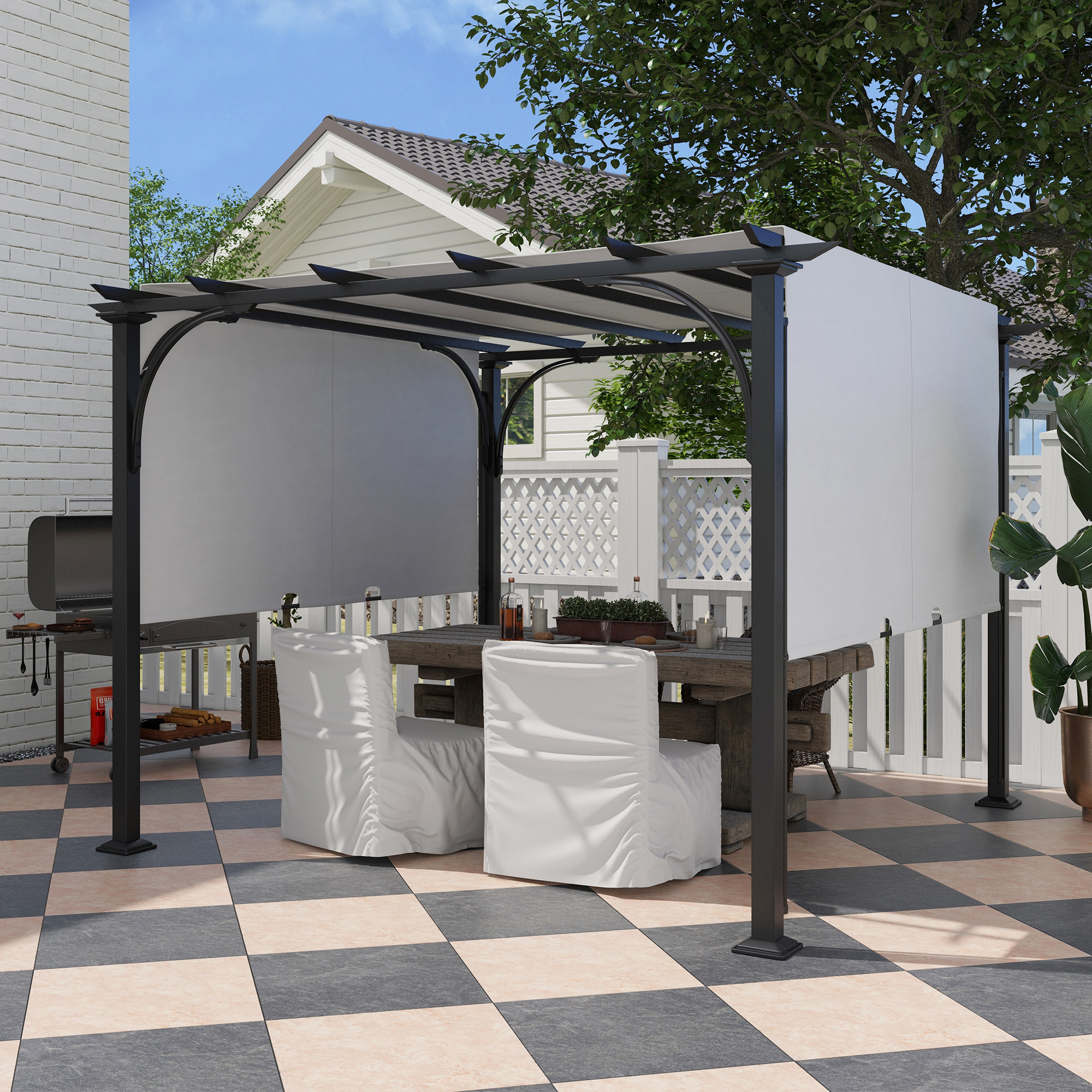 Outsunny 10' x 10' Outdoor Pergola Patio Gazebo Retractable Canopy Sun Shelter, Steel Frame, White Aosom Canada