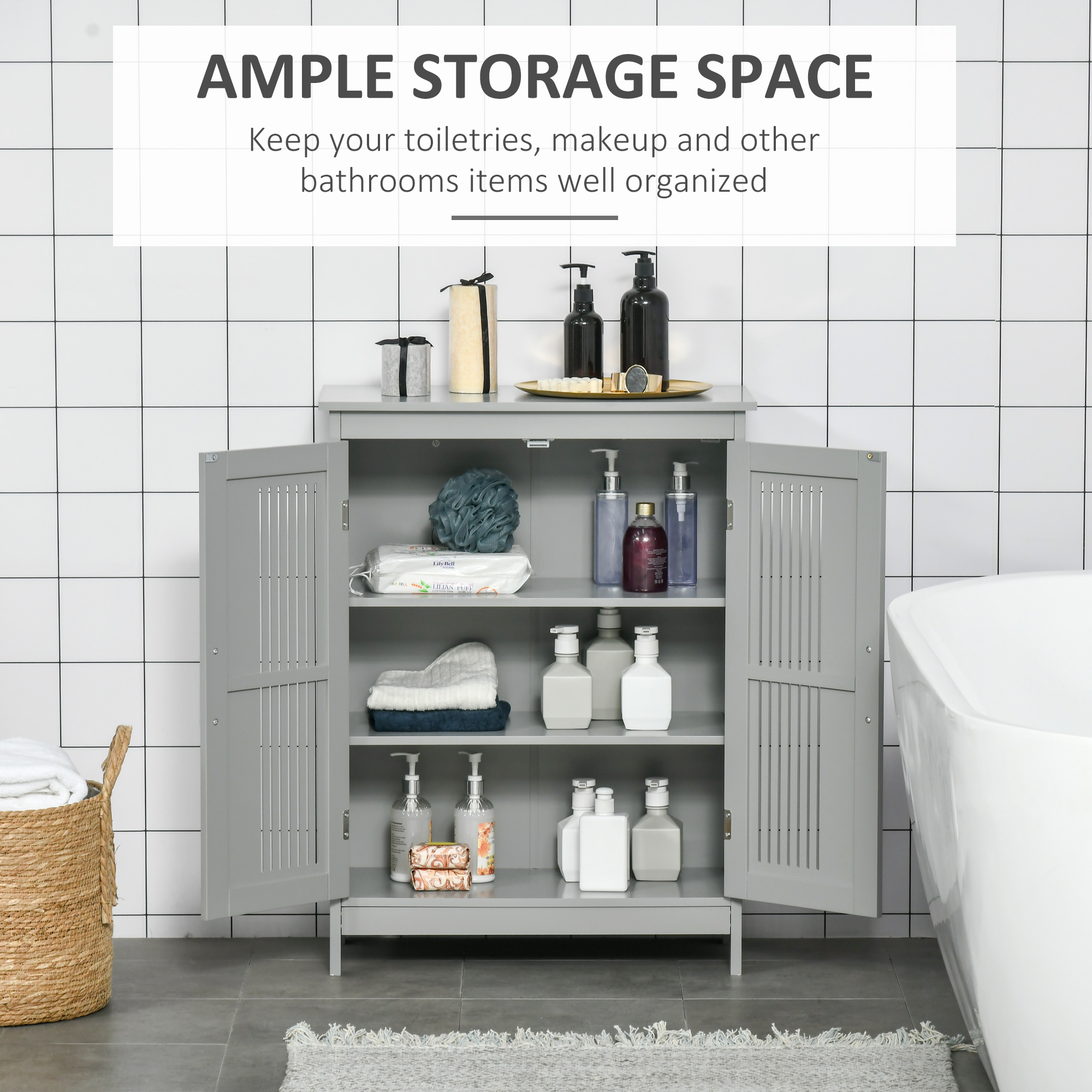 kleankin Modern Bathroom Floor Cabinet Free Standing Linen Storage ...