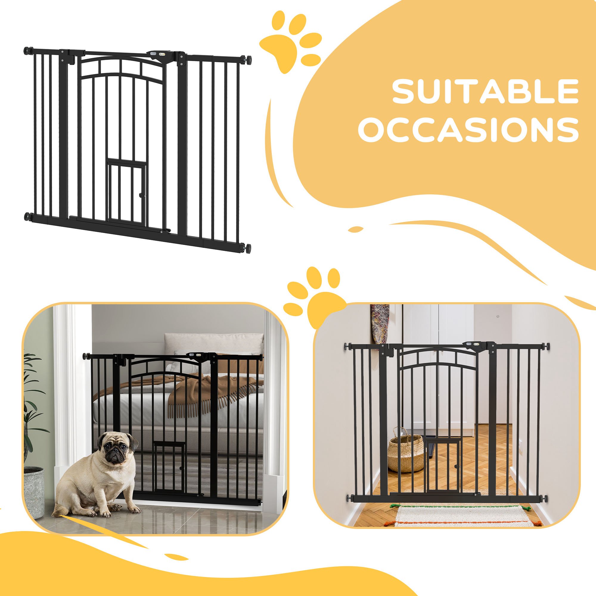 PawHut Auto-Close Pet Gate, Stair Gate with Cat Door, Double