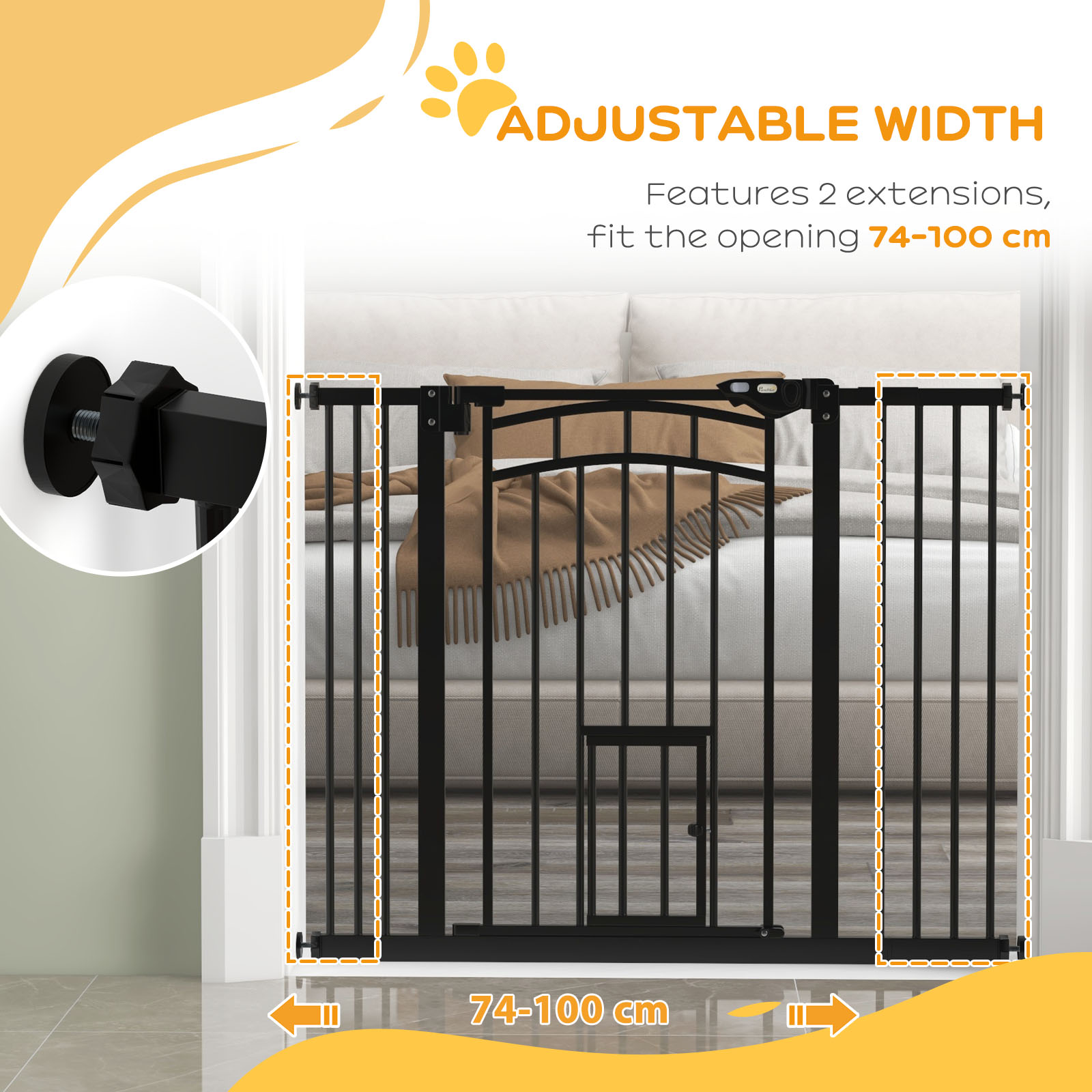 PawHut Auto-Close Pet Gate, Stair Gate with Cat Door, Double