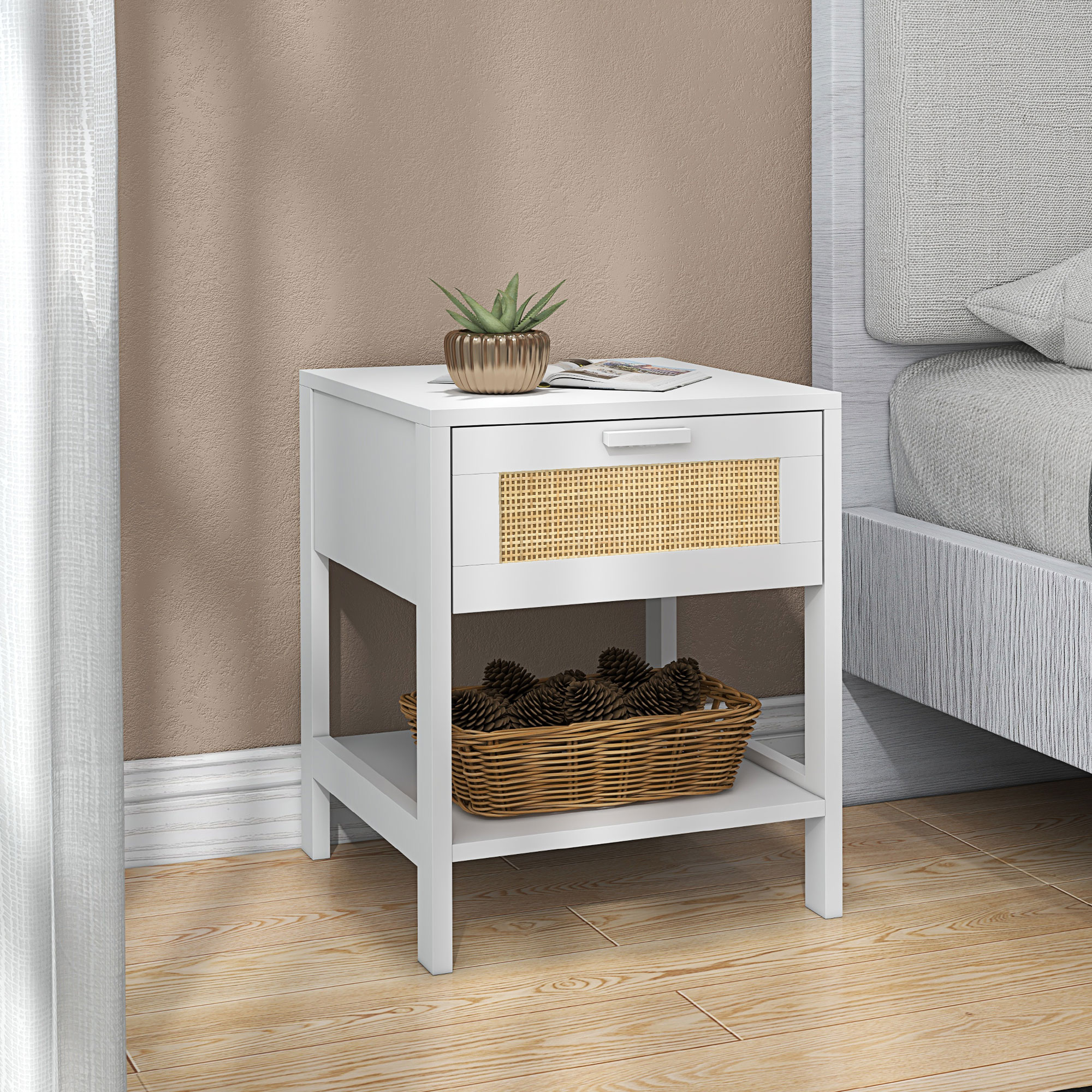 Modern Bedside Table, Accent Nightstand with Drawer and Open