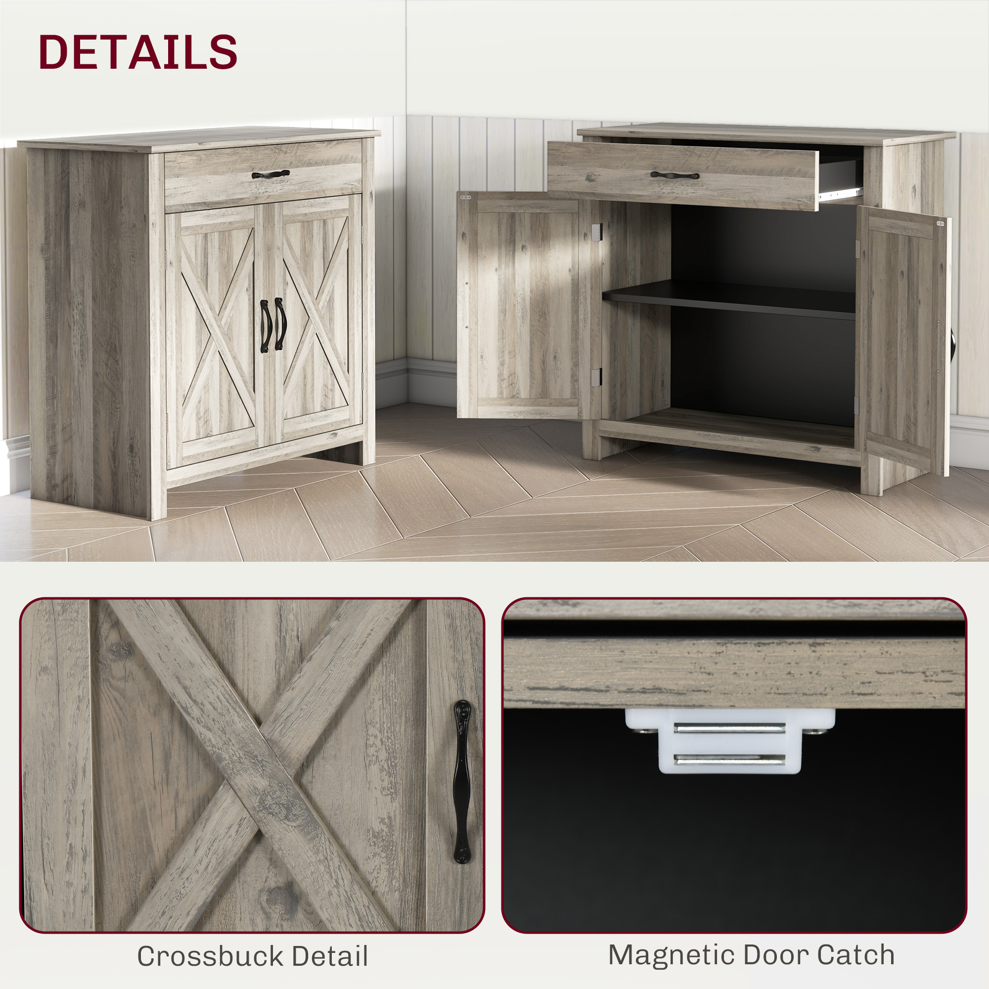 HOMCOM 32" Storage Buffet Cabinet, Kitchen Sideboard Cabinet with Barn Doors, Drawer & 3-Tier Adjustable Shelf, Gray Wash | Aosom.com 5
