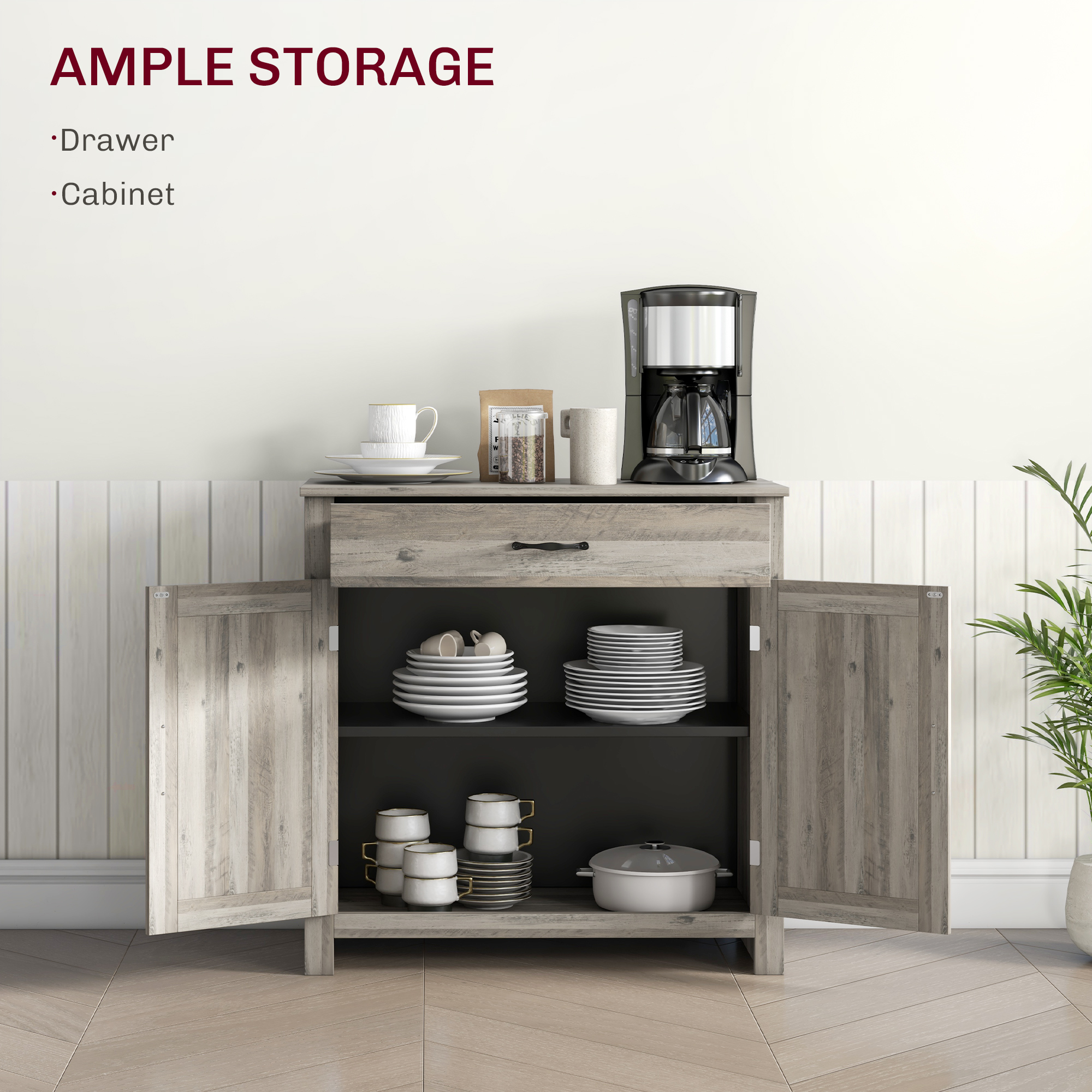 HOMCOM 32" Storage Buffet Cabinet, Kitchen Sideboard Cabinet with Barn Doors, Drawer & 3-Tier Adjustable Shelf, Gray Wash | Aosom.com 2