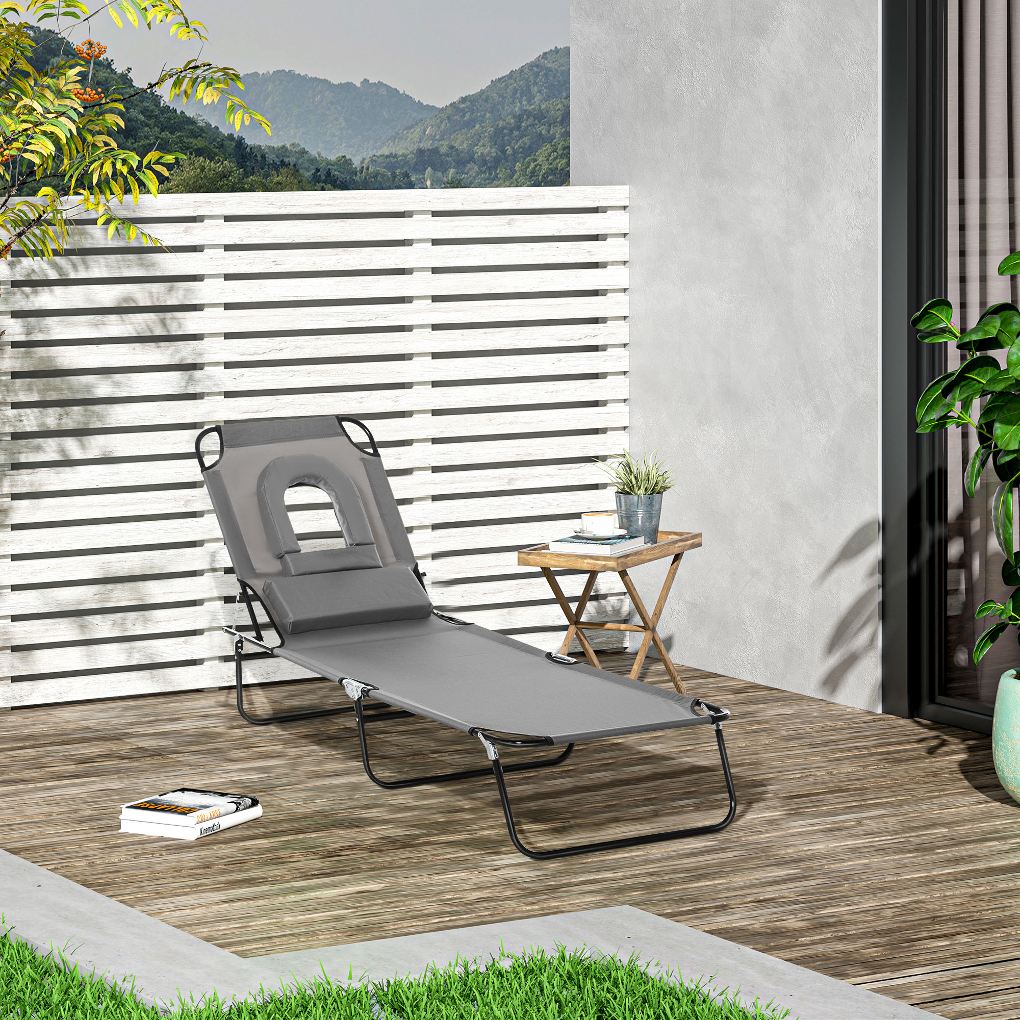 Outsunny Garden Sun Lounger Adjustable with Reading Hole Outdoor Reclining Seat Folding Camping Beach Bed Grey Aosom Canada