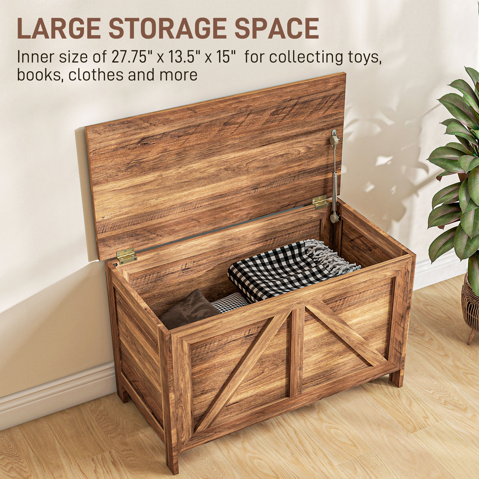 HOMCOM Storage Chest, Farmhouse Lift Top Box Organizer with Safety Hinge, for Bedroom, Entryway, Living Room, Brown Oak 3
