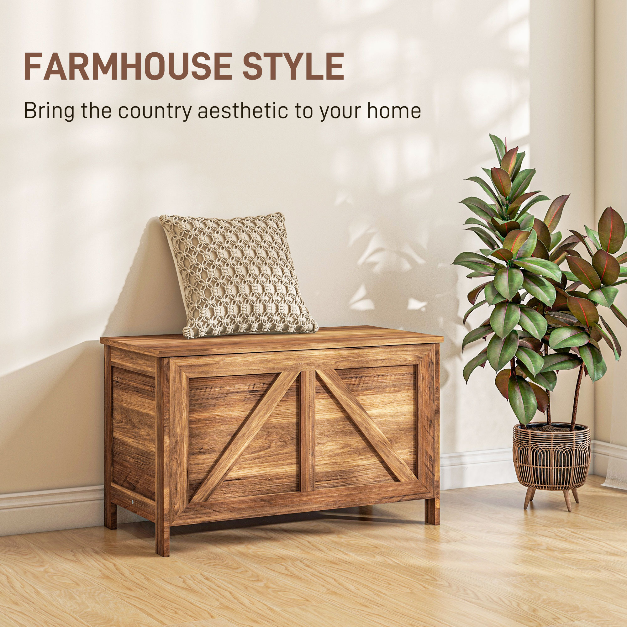 HOMCOM Storage Chest, Farmhouse Lift Top Box Organizer with Safety Hinge, for Bedroom, Entryway, Living Room, Brown Oak 2