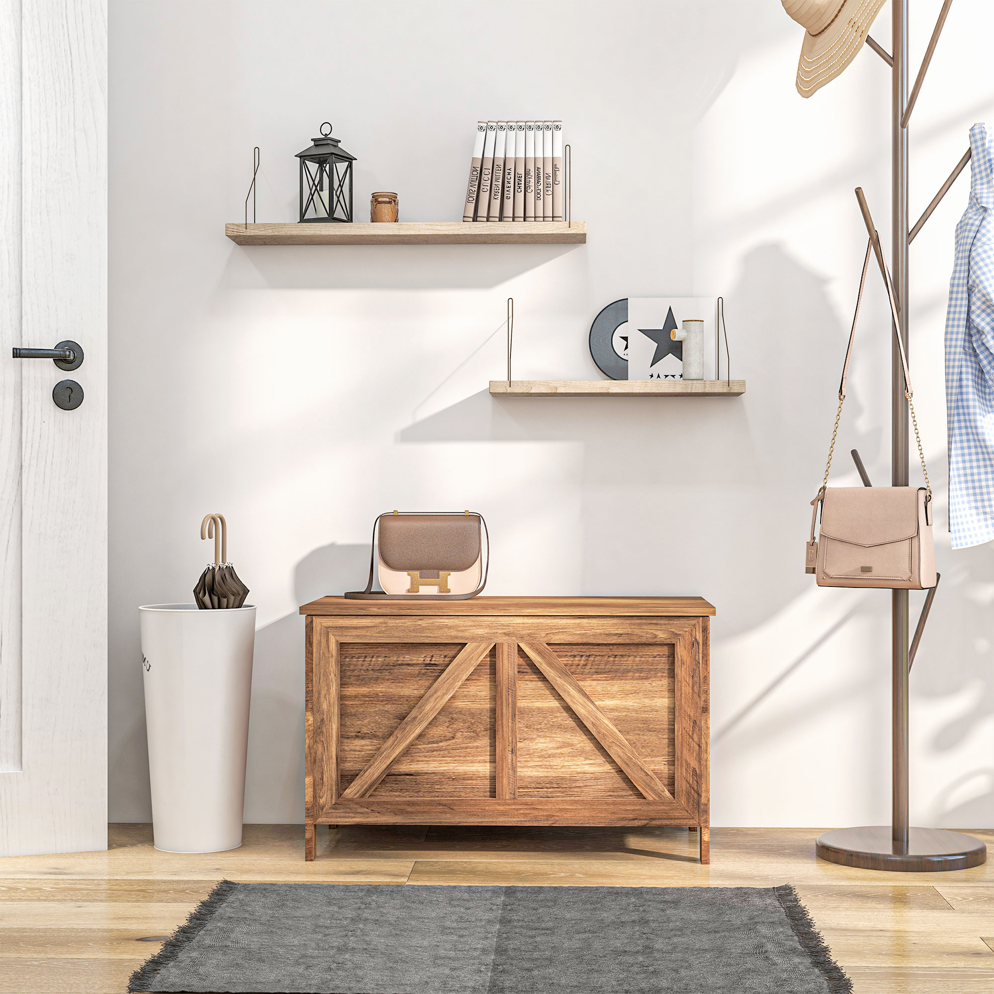HOMCOM Storage Chest, Farmhouse Lift Top Box Organizer with Safety Hinge, for Bedroom, Entryway, Living Room, Brown Oak 6