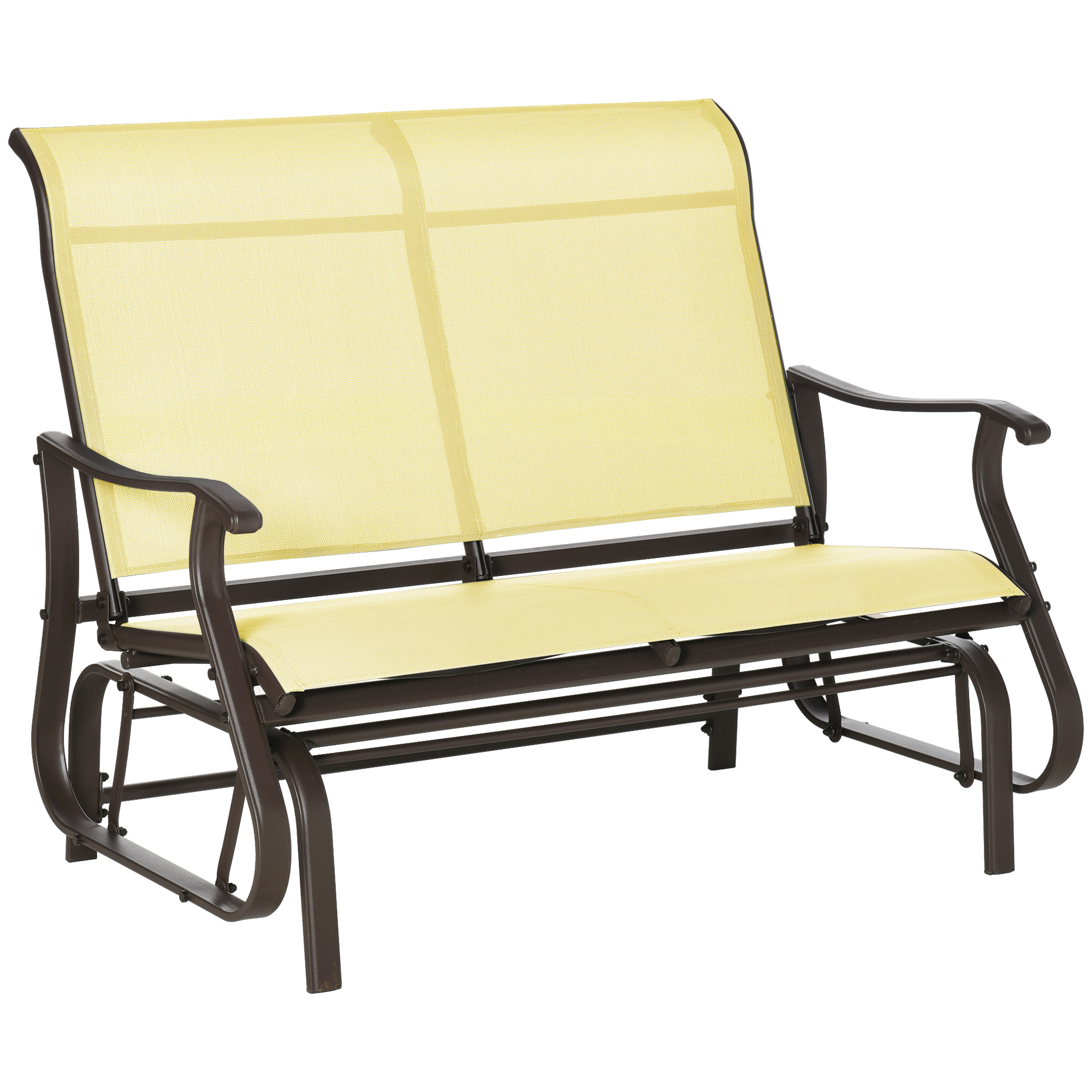 Outsunny 47 Outdoor Double Glider Bench for 2 Person, Patio Glider Armchair Swing Chair for Backyard with Mesh Seat and Backrest, Steel Frame, Yellow