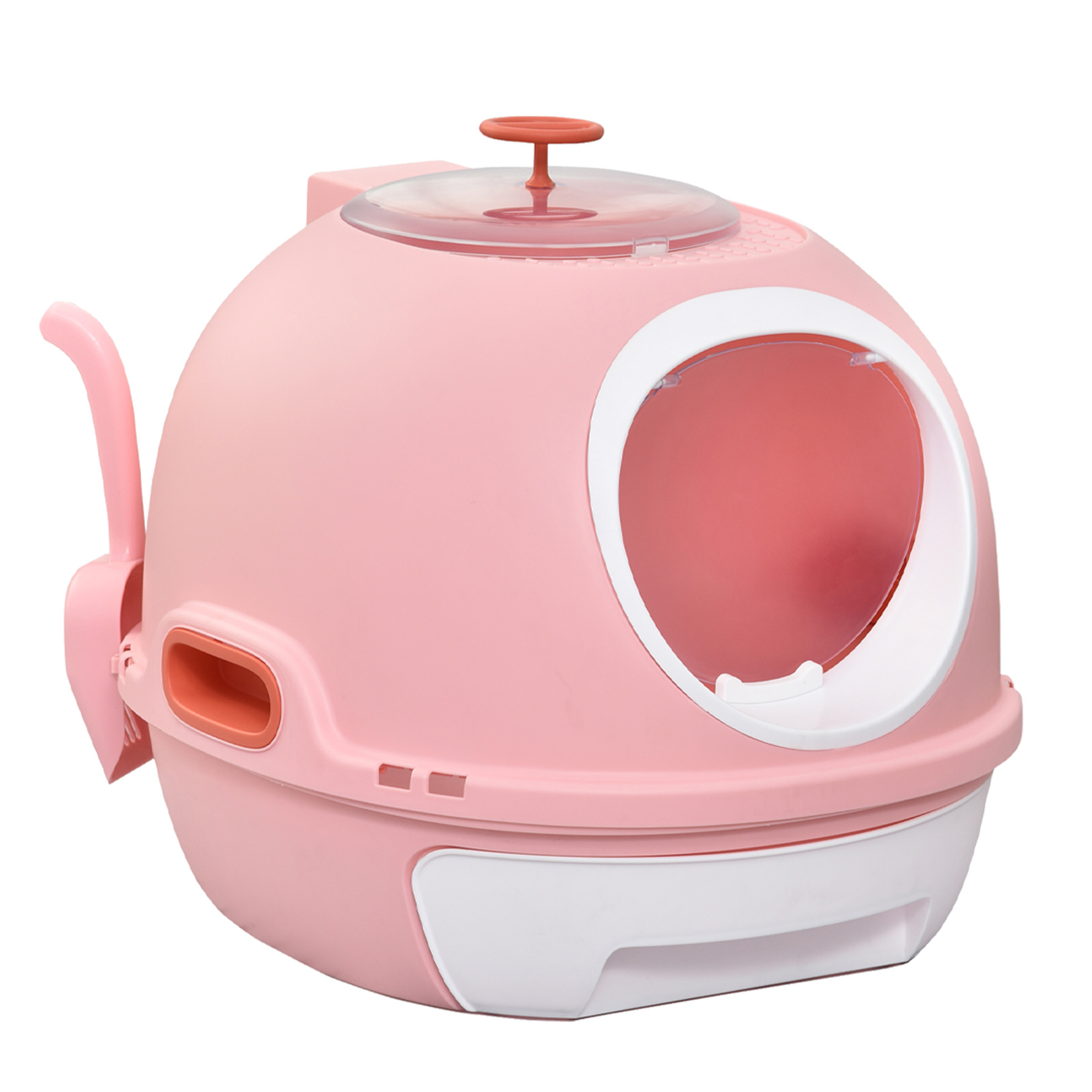 PawHut Cat Litter Box Toilet with Lid, Covered Litter Box with Scoop, Enclosed Drawer, and Skylight, Pink