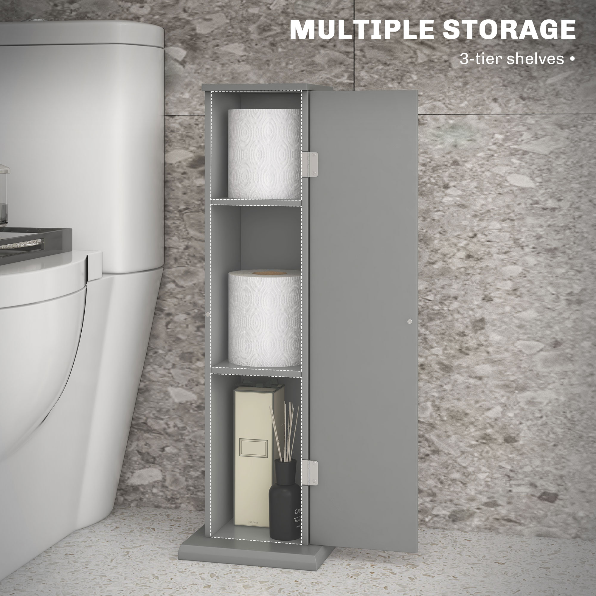 HOMCOM Small Toilet Paper Cabinet, Bathroom Corner Cabinet with Doors and Shelves for Paper Shampoo, Gray 3