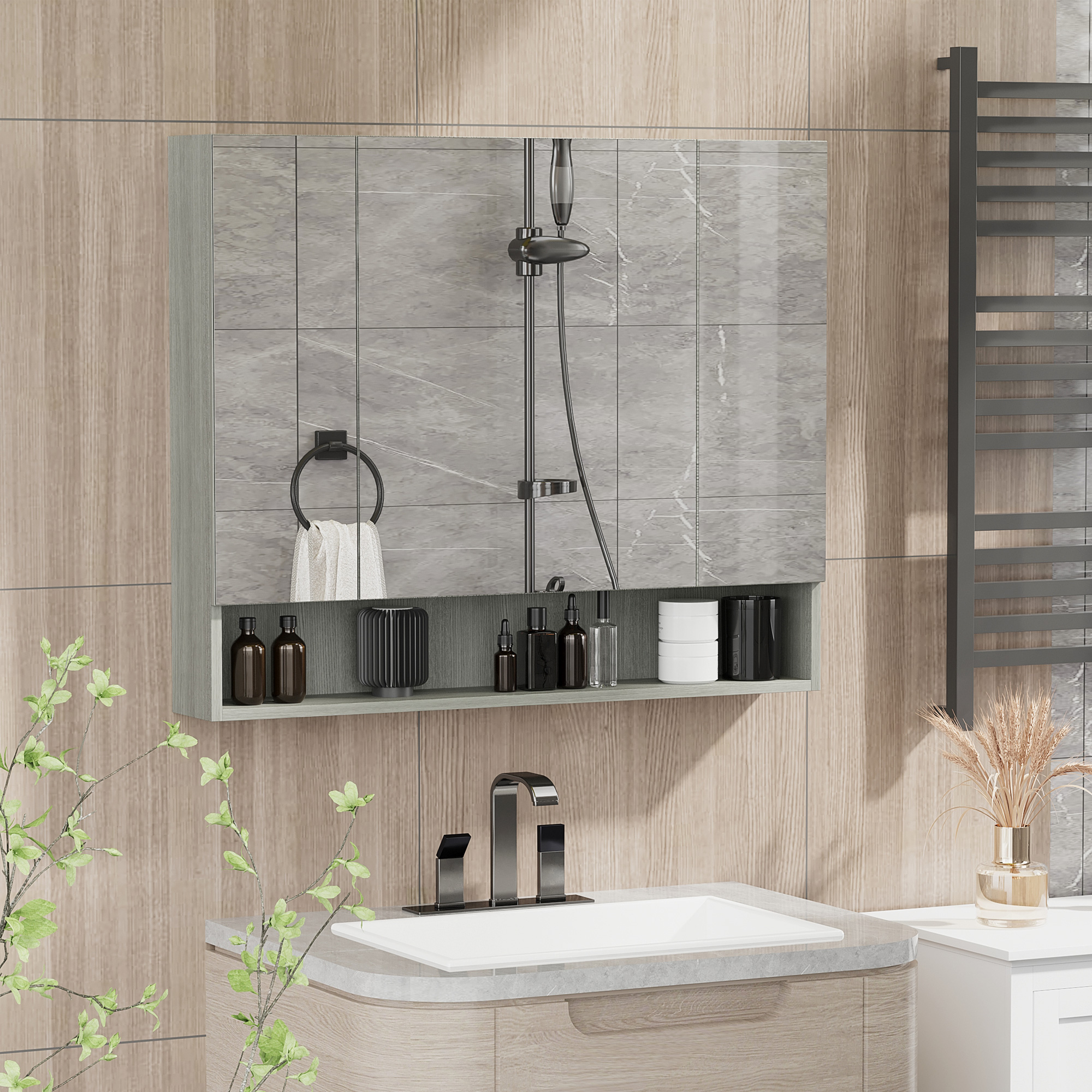 kleankin Wall Mounted Bathroom Medicine Mirror Cabinet Adjustable Shelves Grey Aosom Canada