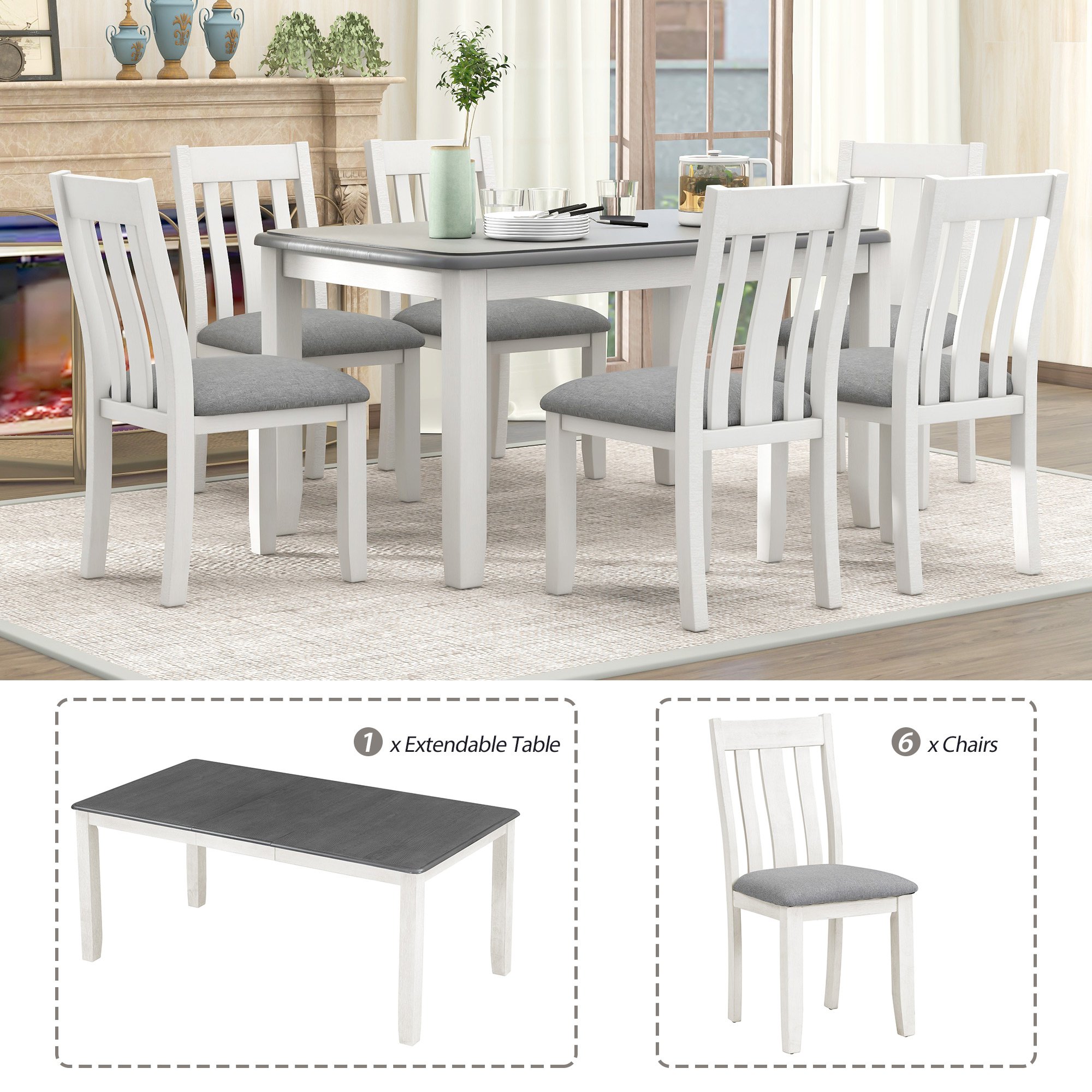 Retro Style 7-Piece Dining Table Set with Extendable Table