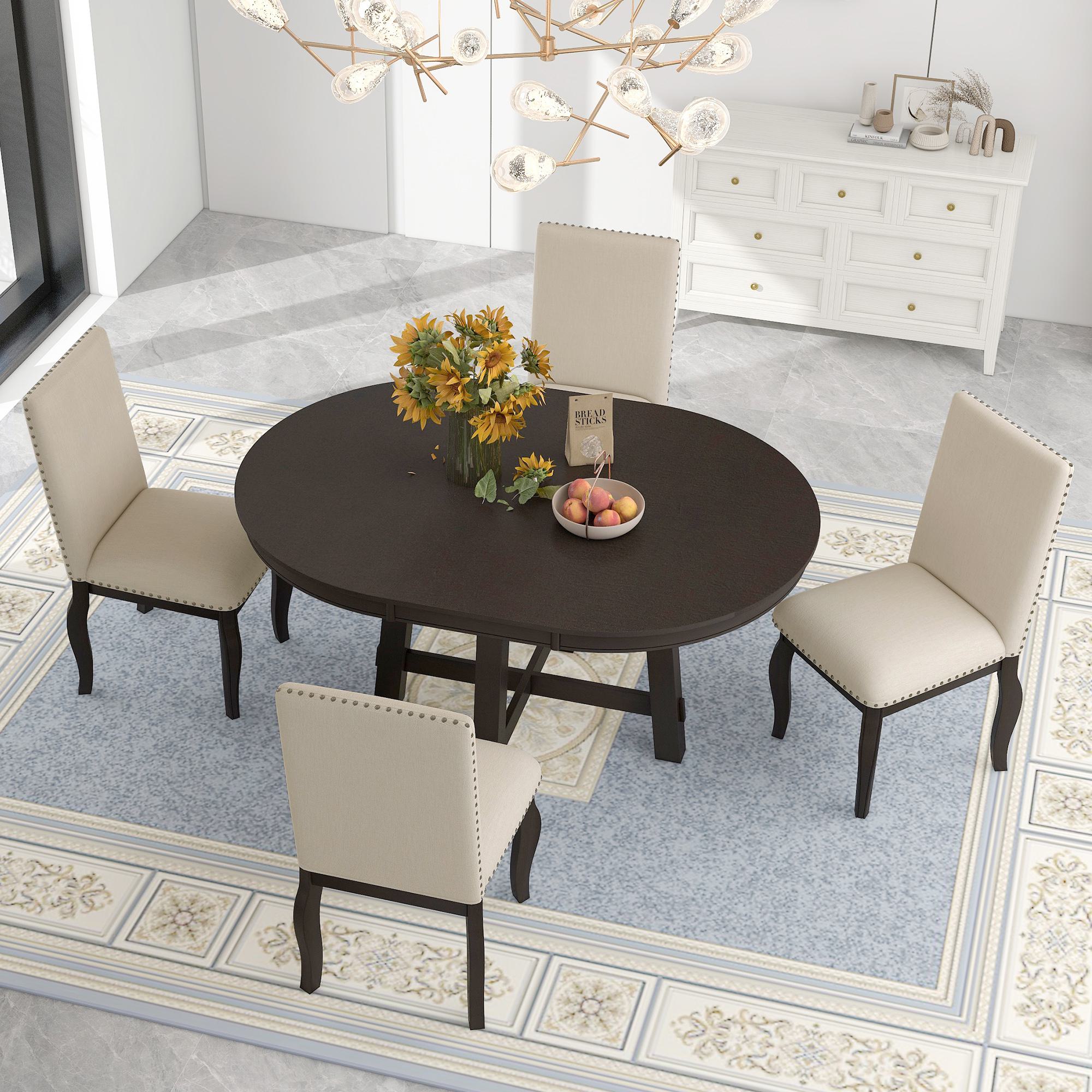 Farmhouse Dining Table Set for 4, Round Extendable Dining Table and 4 Upholstered Chairs, Adjustable Length, Solid Structure, Espresso | Aosom.com