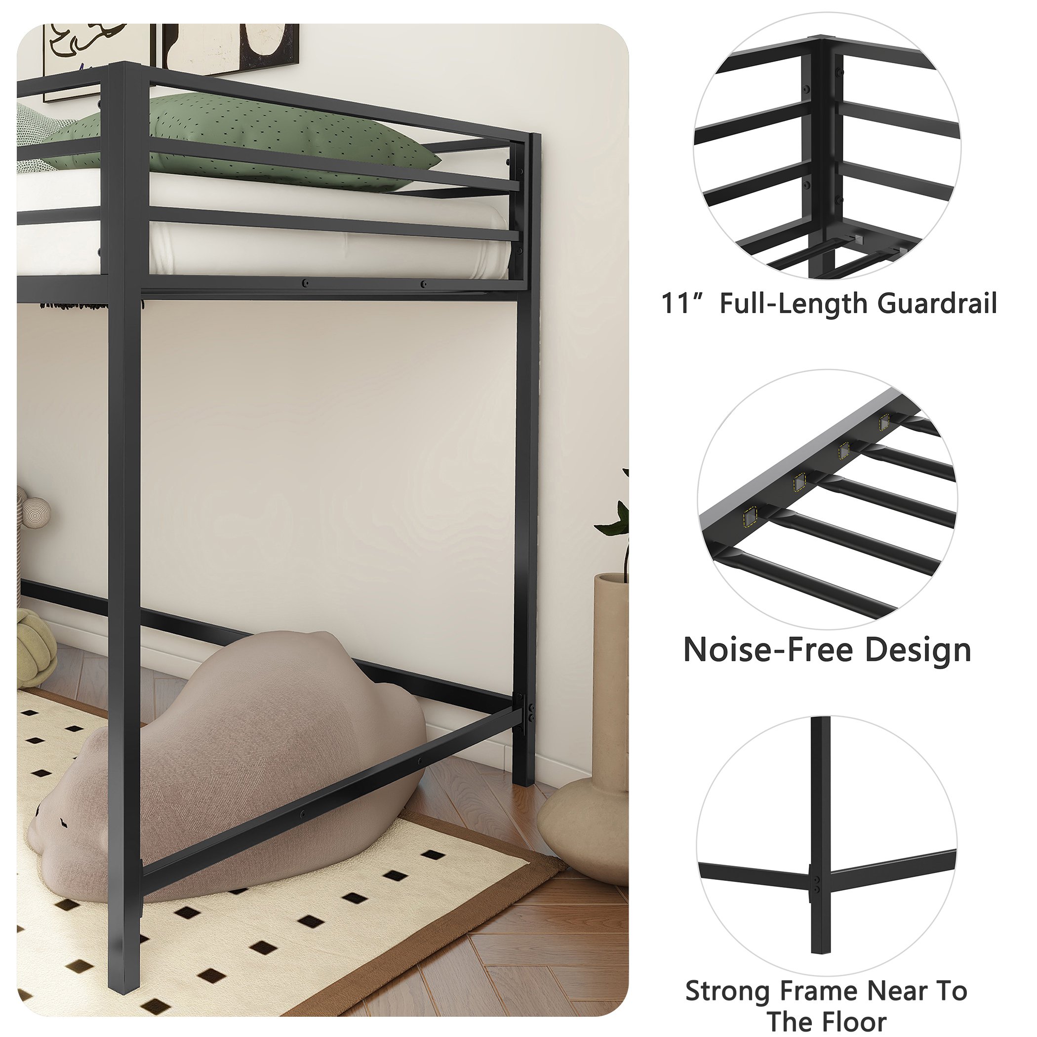 Twin Childrens Loft Bunk Bed with Metal Bed Frame and Safety Guard Rails, Anti-Noise Design, Protective Post Caps, for Kids, Teens, Black | Aosom.com 3