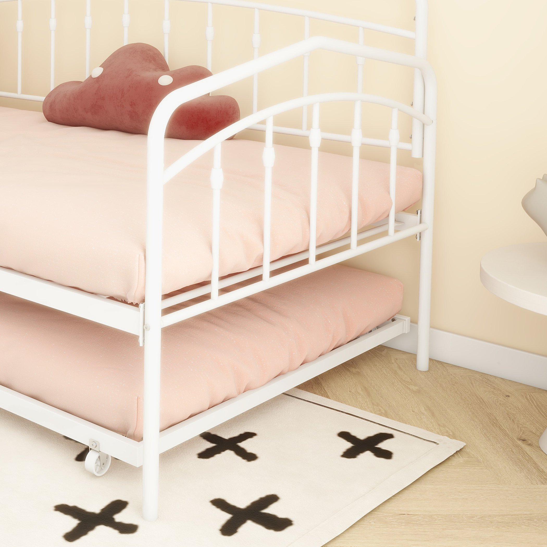 Fox Twin Metal Daybed Frame with Twin Trundle, Anti-Noise Design, No Box Spring Needed, Fits Standard Twin Mattresses, White | Aosom.com 5