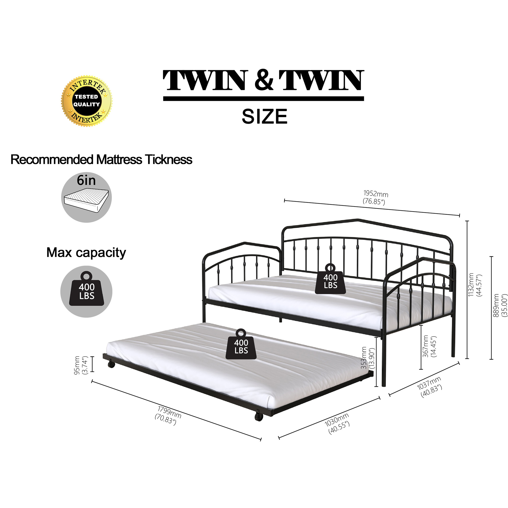 Fox Twin Metal Daybed Frame with Twin Trundle, Anti-Noise Design, No Box Spring Needed, Fits Standard Twin Mattresses, White | Aosom.com 1