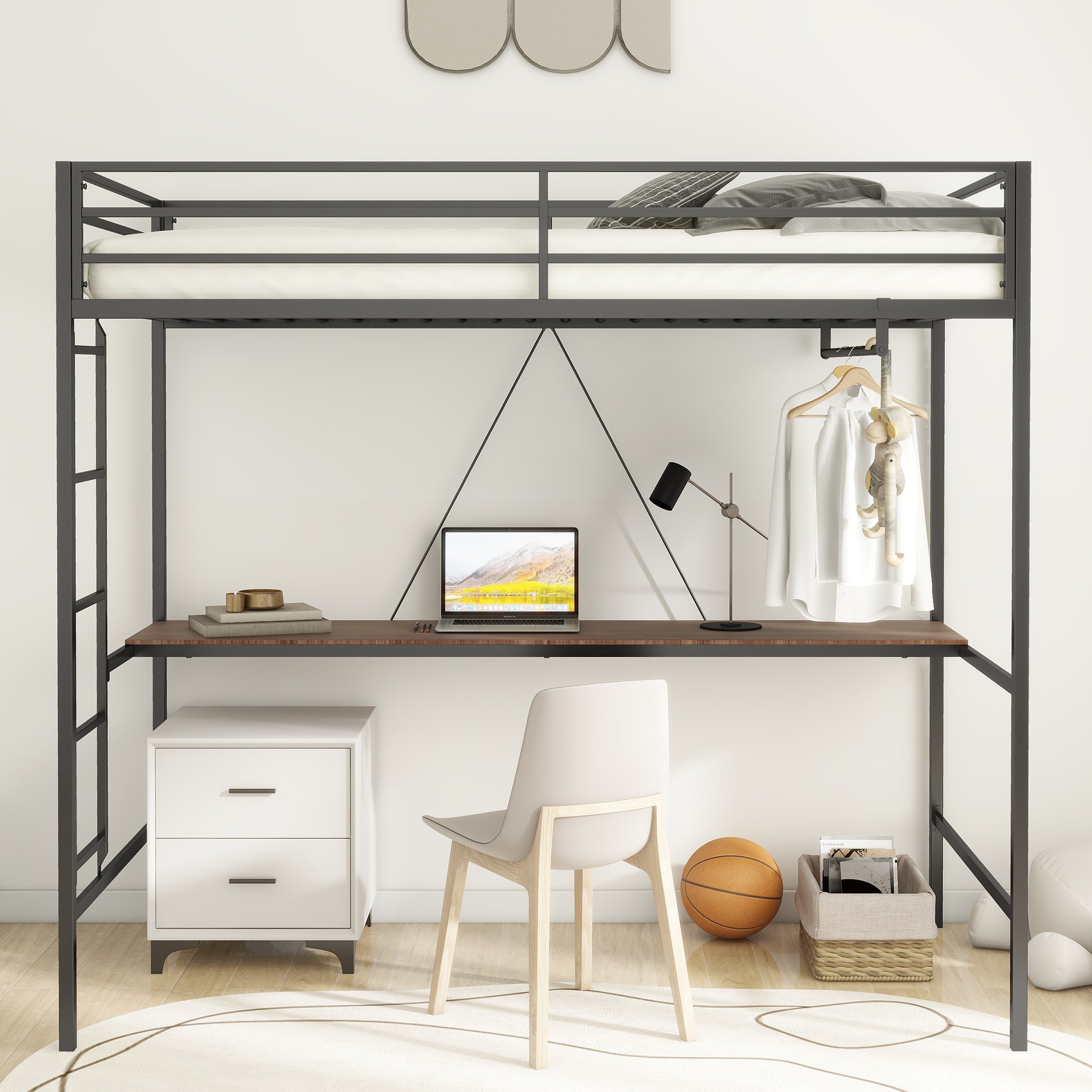Adam Twin Loft Bunk Metal Bed Frame with Desk and Closet Rod, Guardrails, Easy Assembly, 76.69″ L x 40.94″ W x 72.01″ H, Black | Aosom.com 4