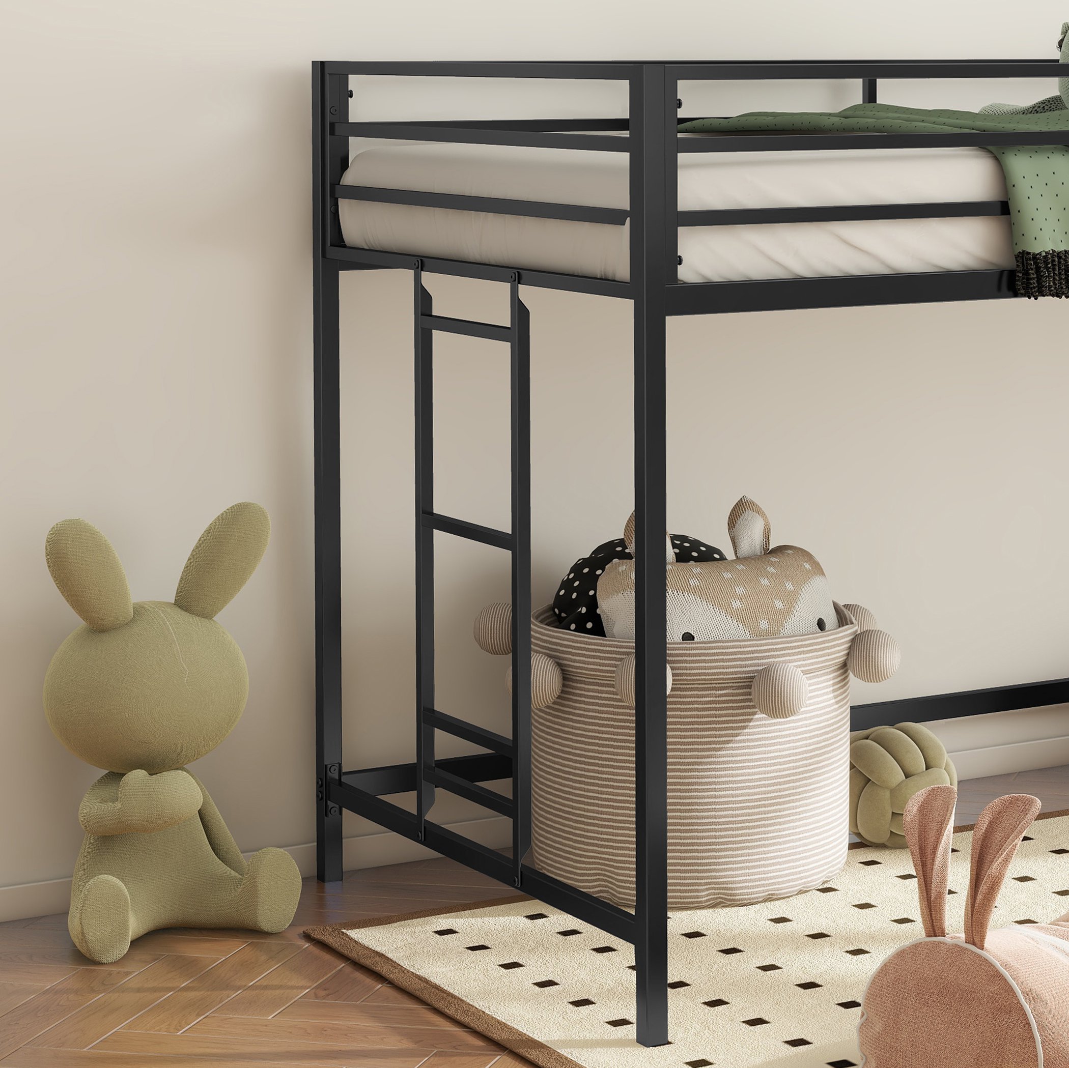 Twin Childrens Loft Bunk Bed with Metal Bed Frame and Safety Guard Rails, Anti-Noise Design, Protective Post Caps, for Kids, Teens, Black | Aosom.com 5