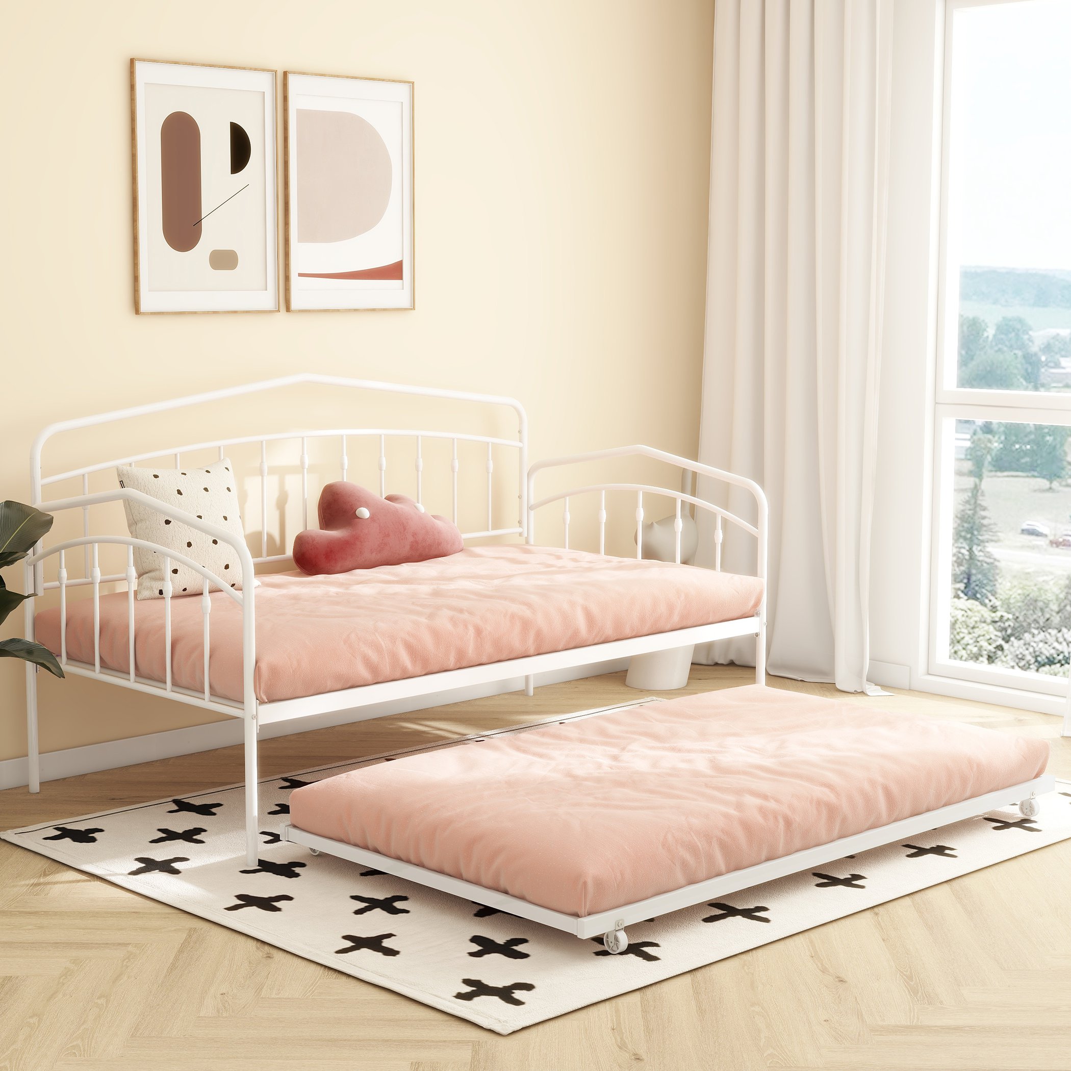 Fox Twin Metal Daybed Frame with Twin Trundle, Anti-Noise Design, No Box Spring Needed, Fits Standard Twin Mattresses, White | Aosom.com 4